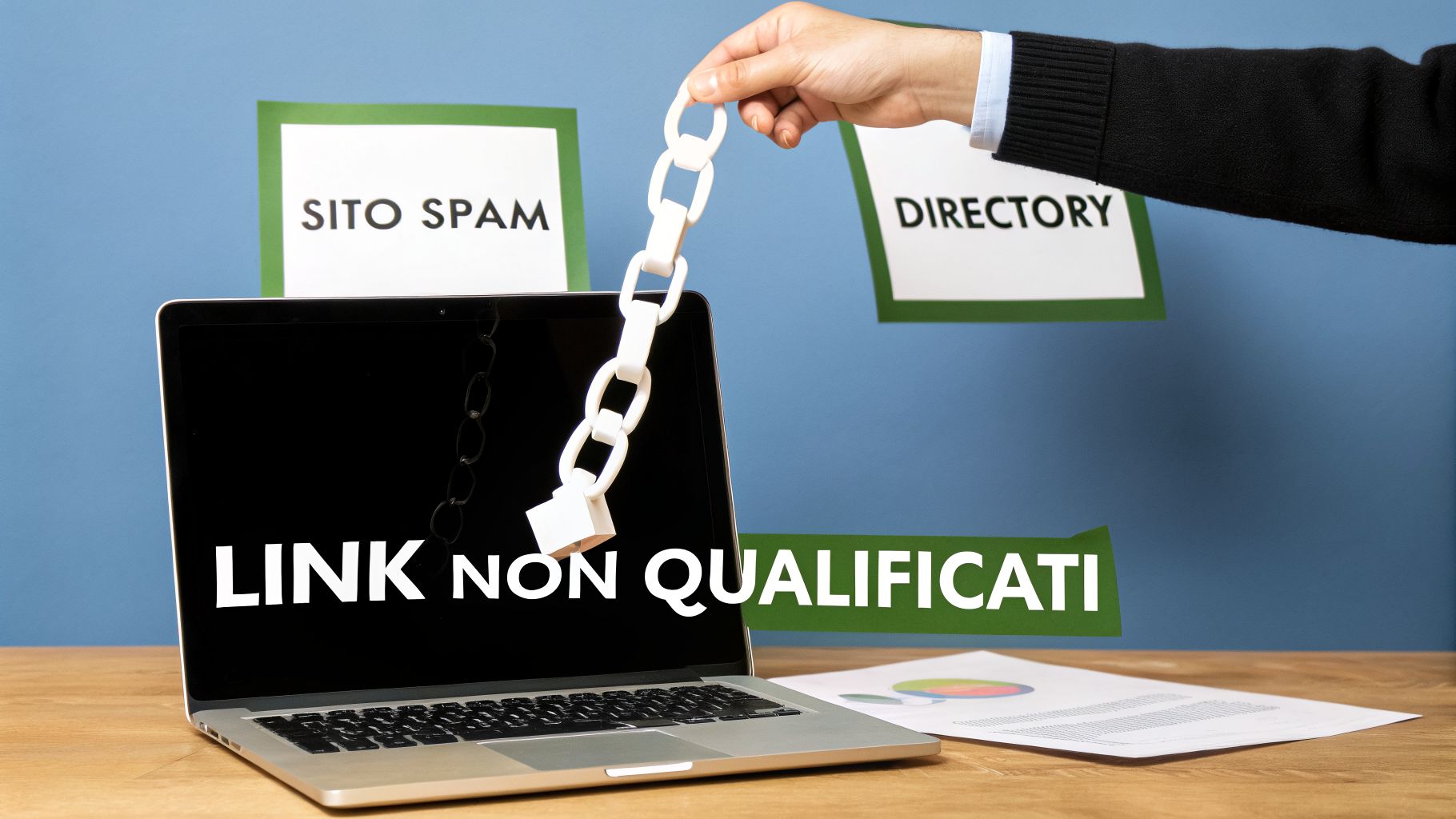 Una mano tiene una catena sopra un laptop con "LINK NON QUALIFICATI". "SITO SPAM" e "DIRECTORY" indicano strategie SEO black hat.