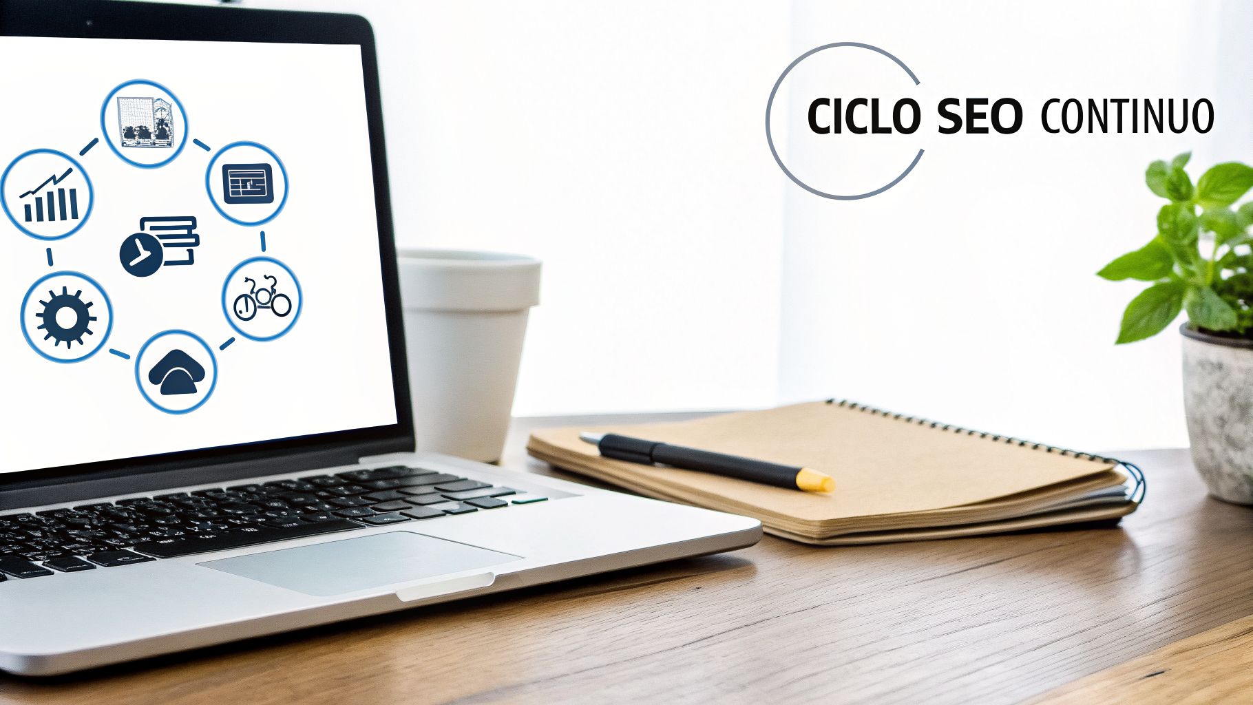Laptop su scrivania con diagramma del ciclo SEO continuo, taccuino, penna e pianta verde.