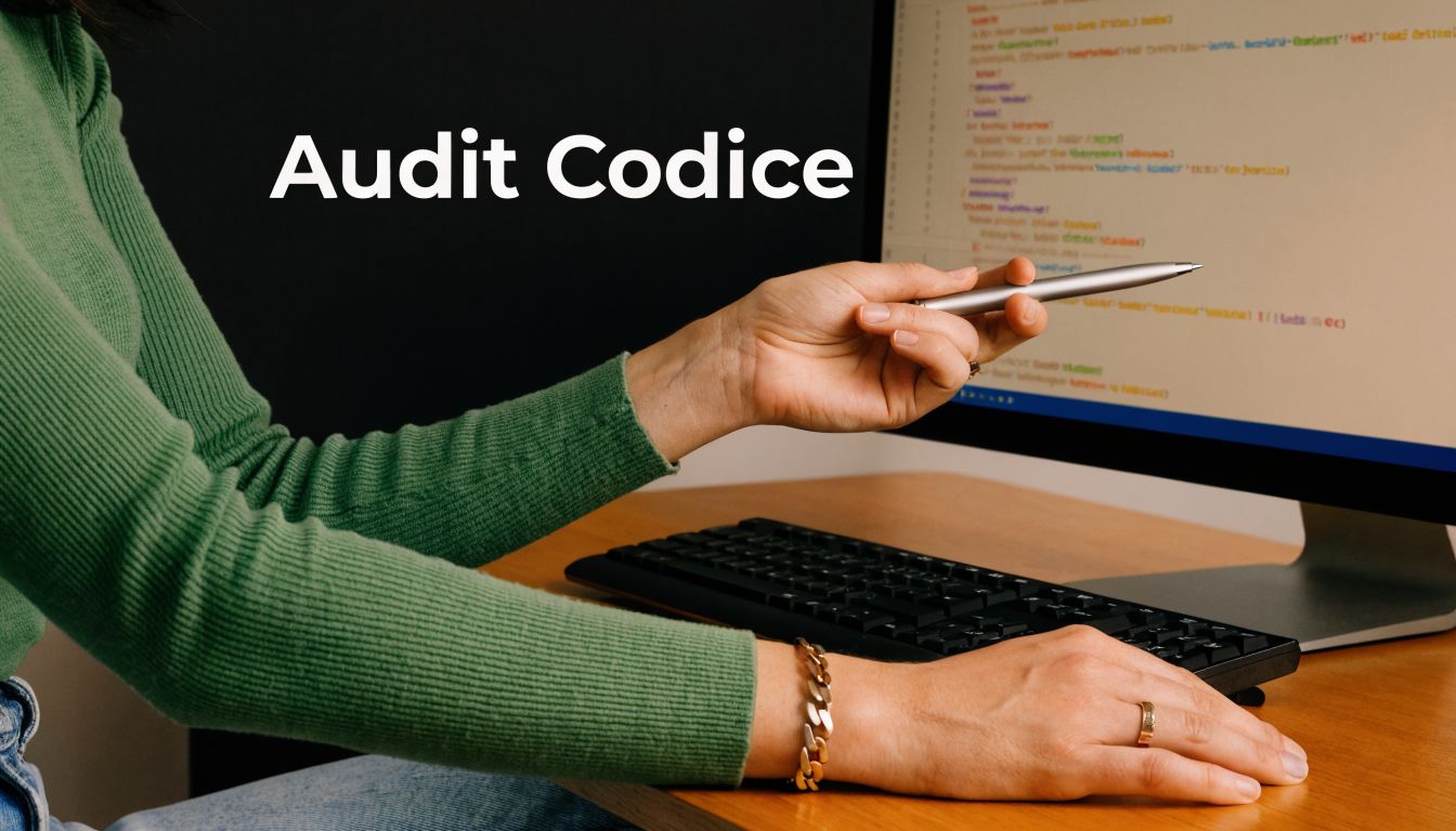 Una persona che esegue un audit del codice sorgente su un monitor con una penna digitale.