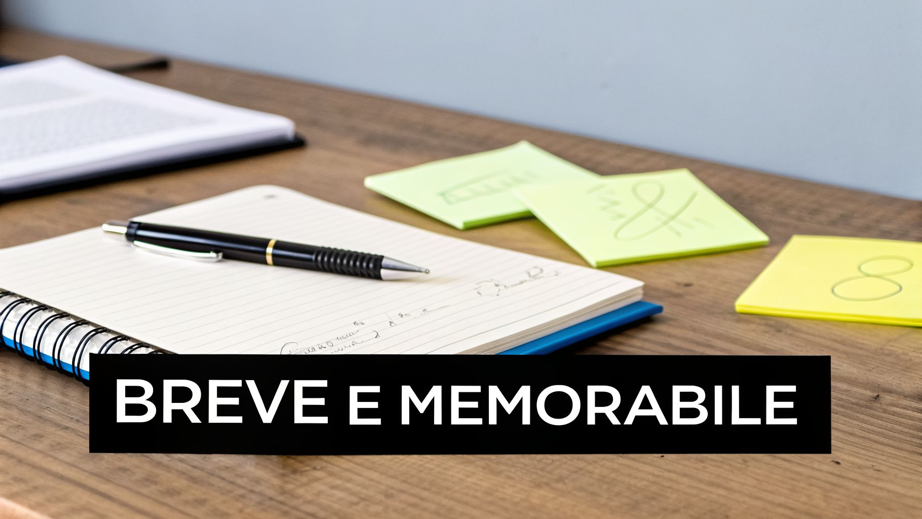 Una scrivania di legno con un quaderno a spirale, una penna, post-it colorati e un libro aperto. Sotto, il testo 'BREVE E MEMORABILE'.