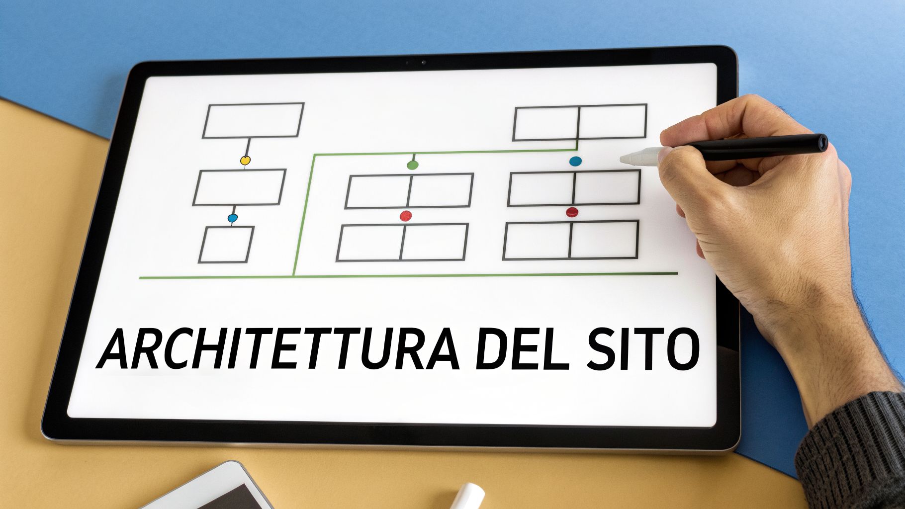 Una mano utilizza una stilo su un tablet che mostra un diagramma di architettura del sito web con il testo 'ARCHITETTURA DEL SITO'.
