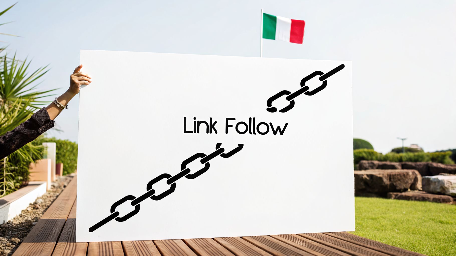 Una persona tiene una lavagna bianca con la scritta 'Link Follow' e una catena spezzata, sullo sfondo la bandiera italiana.