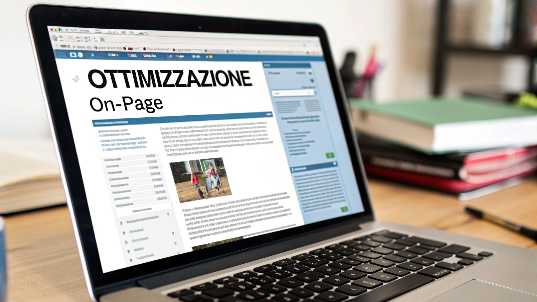 Primo piano di un laptop su una scrivania che mostra una pagina web sull'ottimizzazione On-Page.