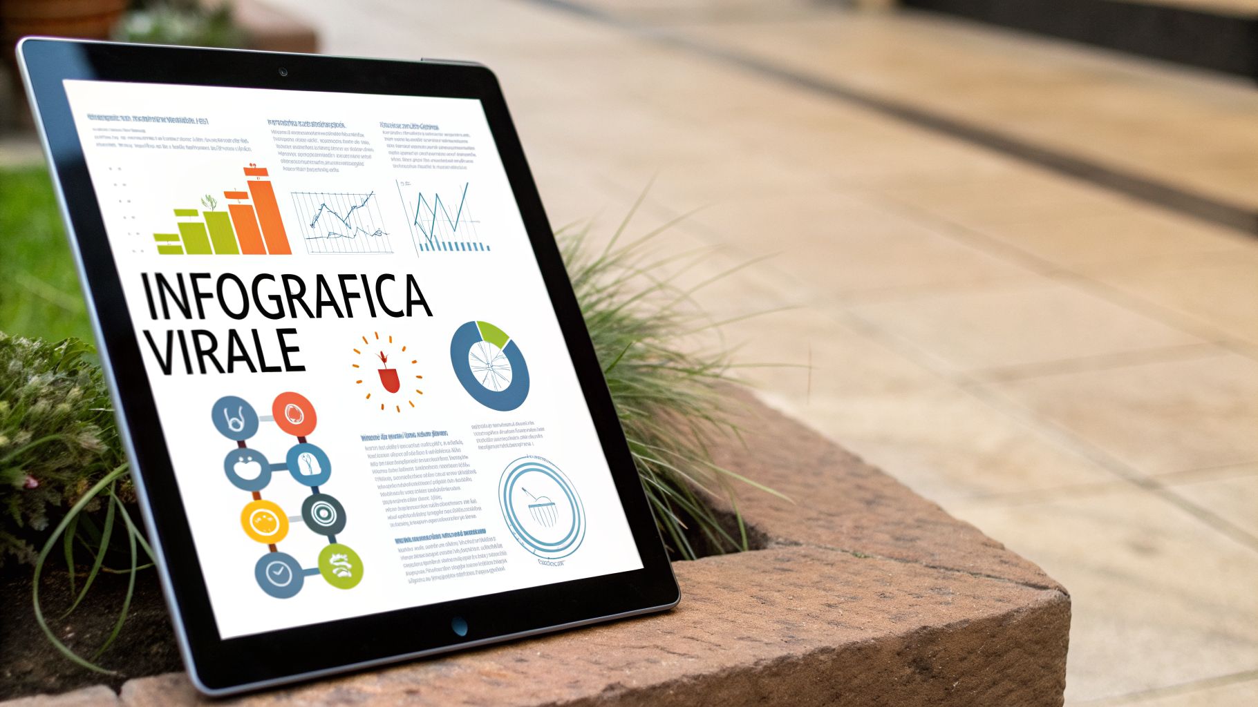 Un tablet mostra un'infografica colorata con grafici, icone e il testo 'INFOGRAFICA VIRALE' all'aperto.