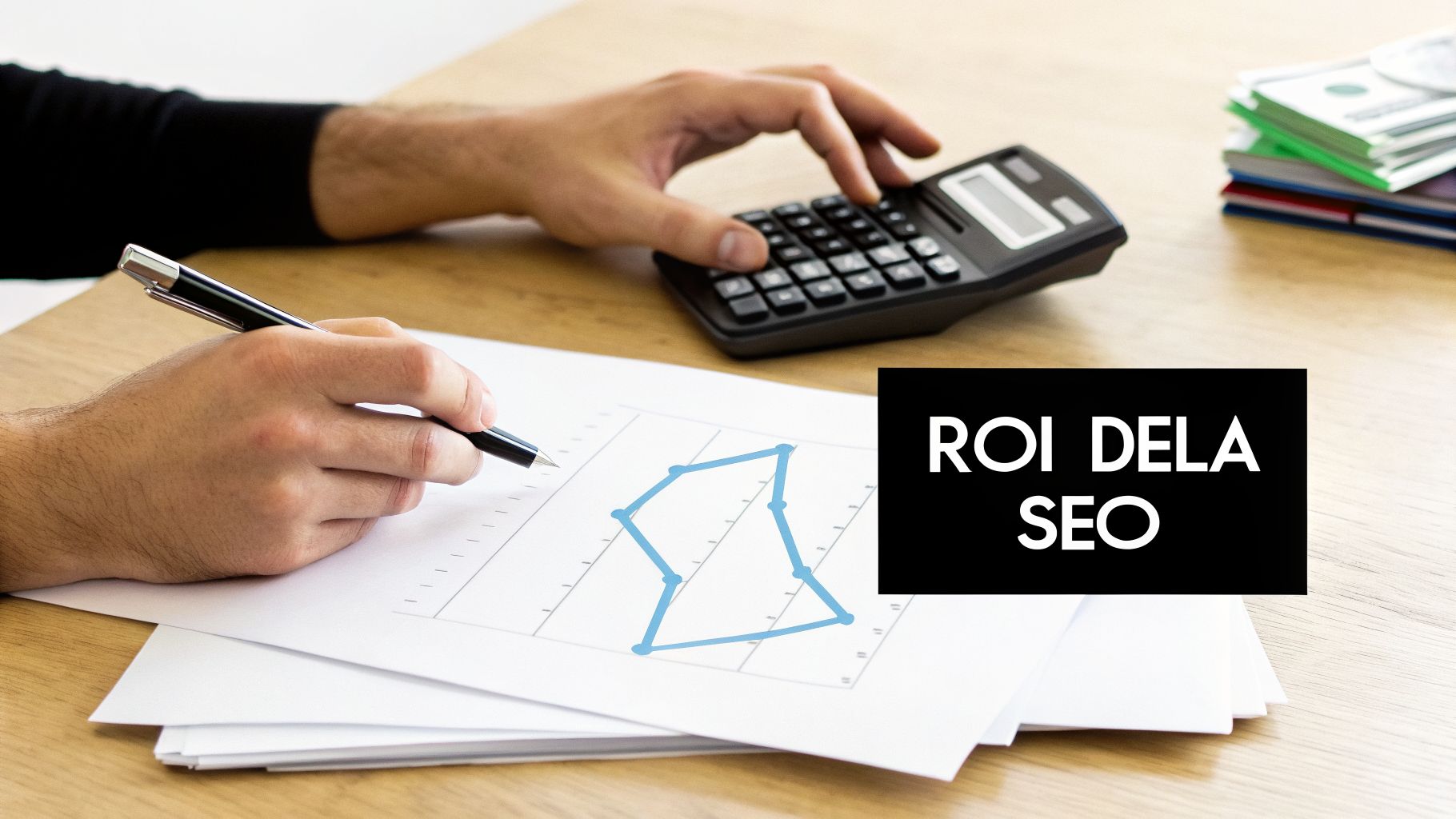 Mani che calcolano il ROI del SEO su un foglio con grafico, mettendo in evidenza l'importanza strategica dell'ottimizzazione.