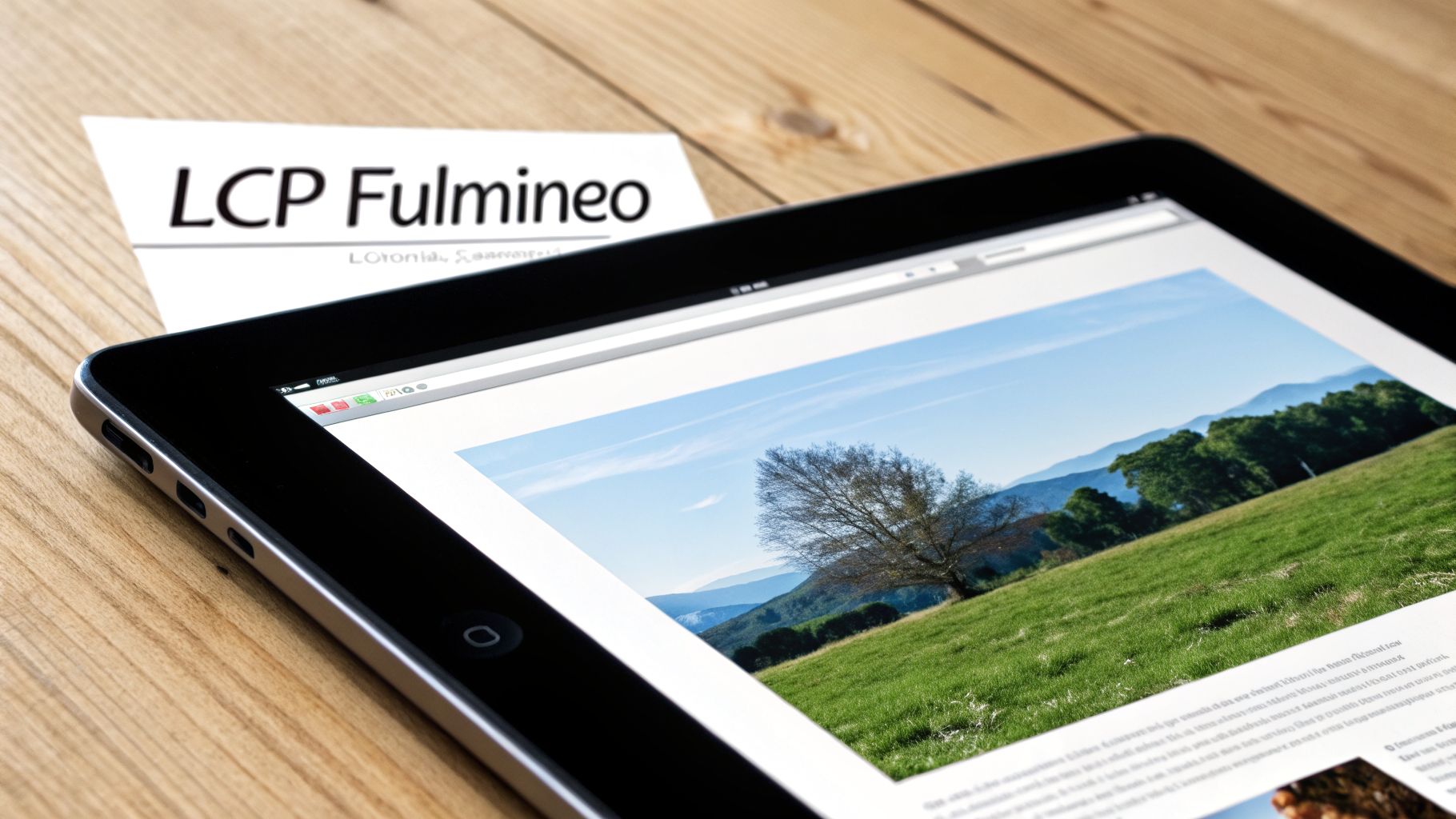 Un iPad su un tavolo di legno mostra una pagina web con un paesaggio, mentre un foglio di carta recita 'LCP Fulmineo'.