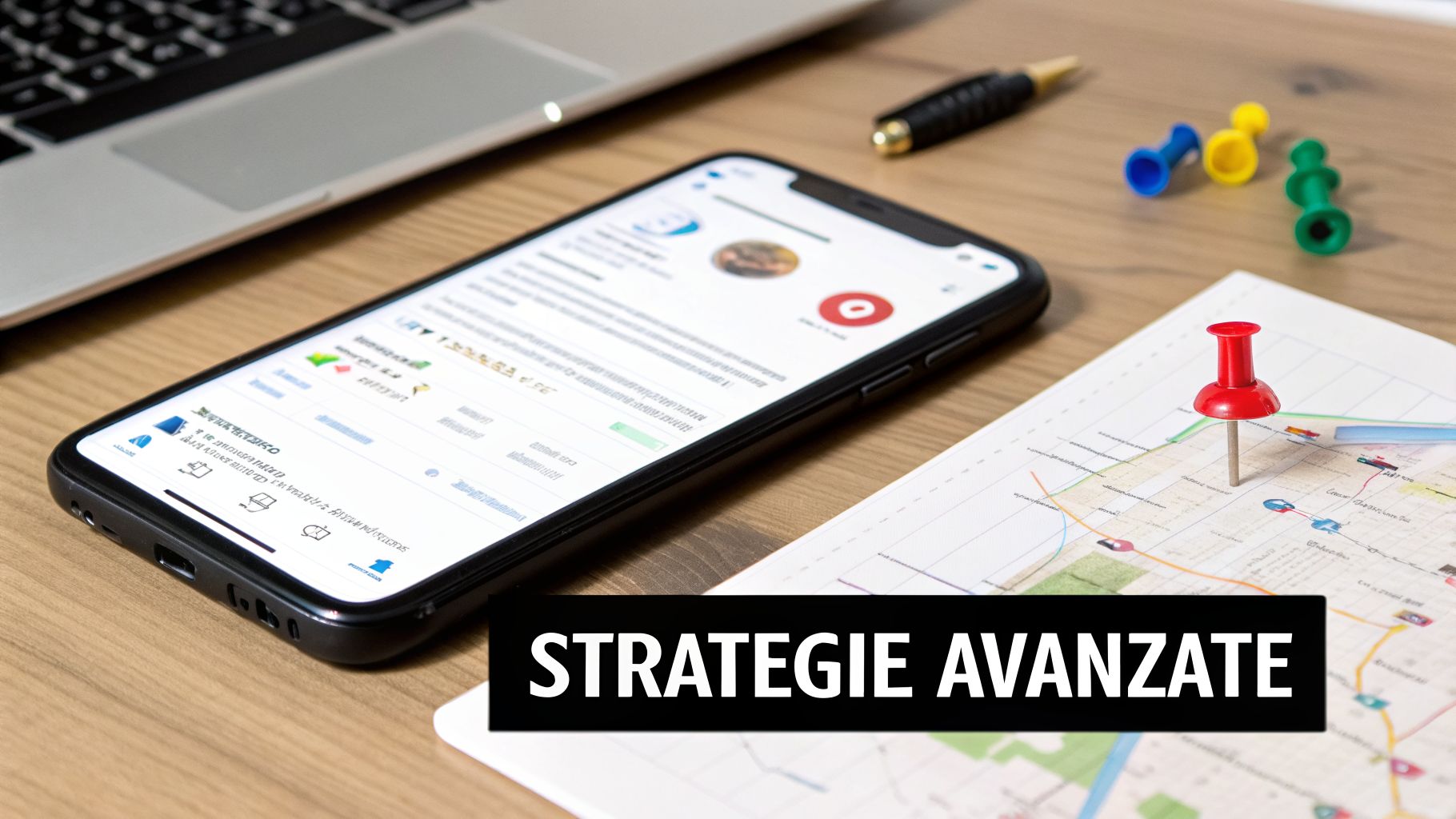Scrivania con smartphone, laptop, mappa e puntina rossa, simboleggiante pianificazione e strategie digitali avanzate.