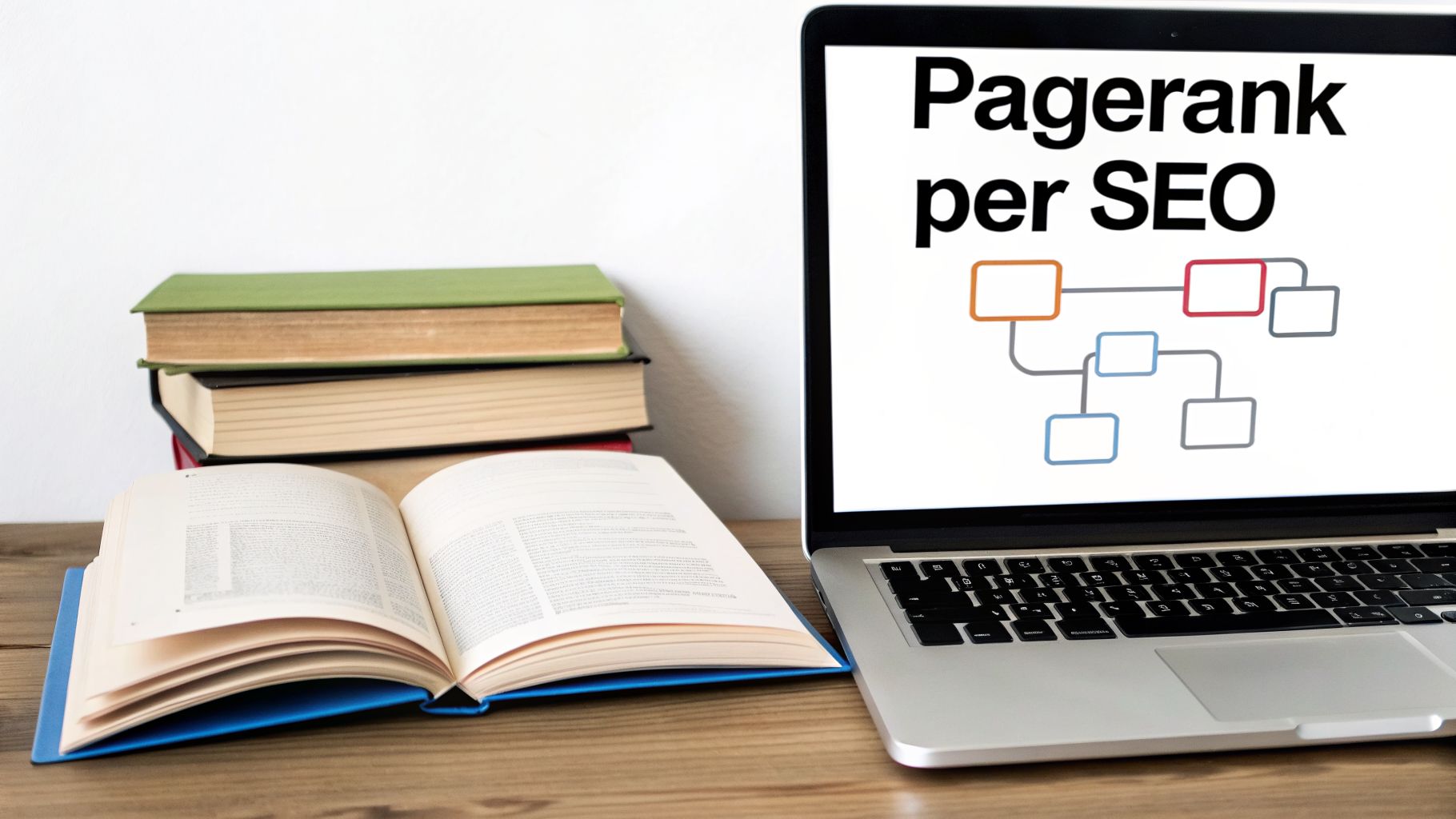 Libri e laptop su un tavolo di legno. Lo schermo mostra 'Pagerank per SEO' e un diagramma di flusso.