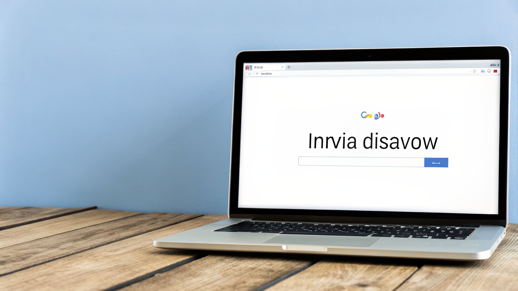 Un laptop aperto su un tavolo di legno mostra la pagina di ricerca Google con 'Innvia disavow' digitato su sfondo blu.
