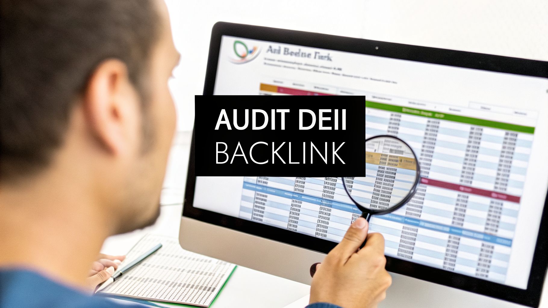 Un professionista analizza dati SEO e backlink su monitor con lente d'ingrandimento, controllando report.