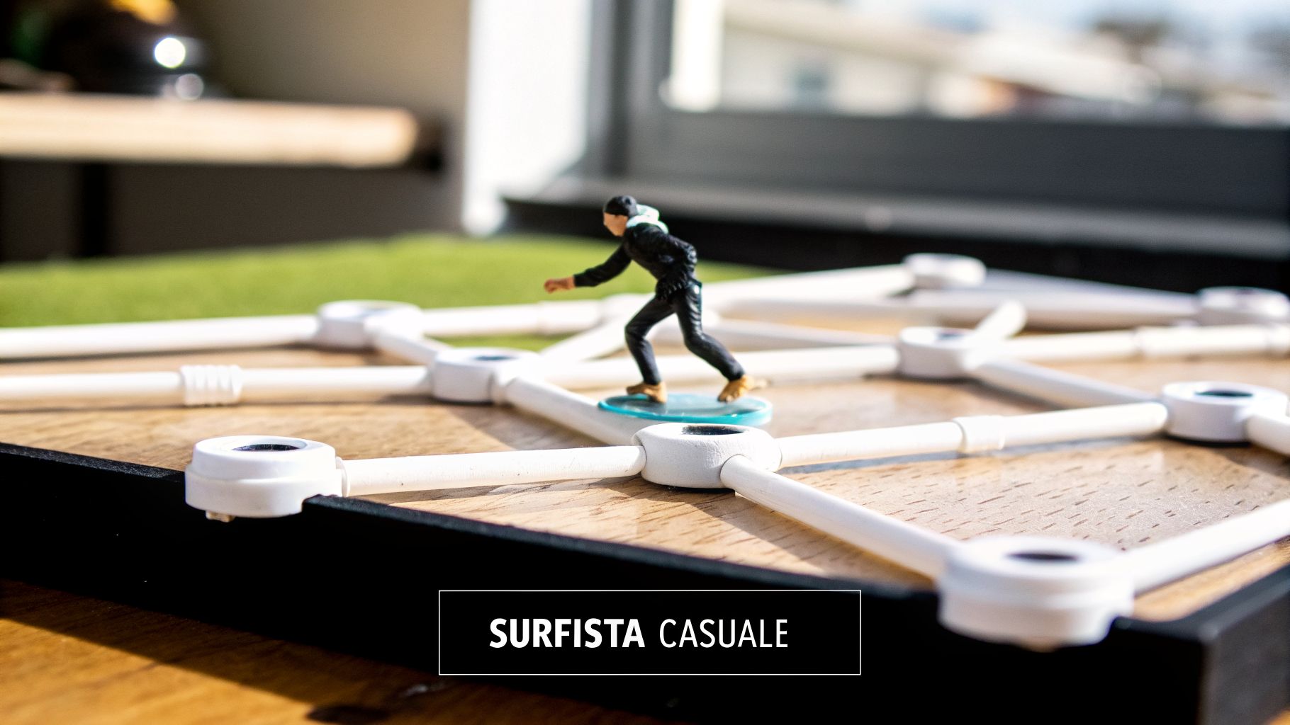 Una statuetta di surfista su una tavola blu posizionata su una struttura bianca interconnessa, che simboleggia una rete.