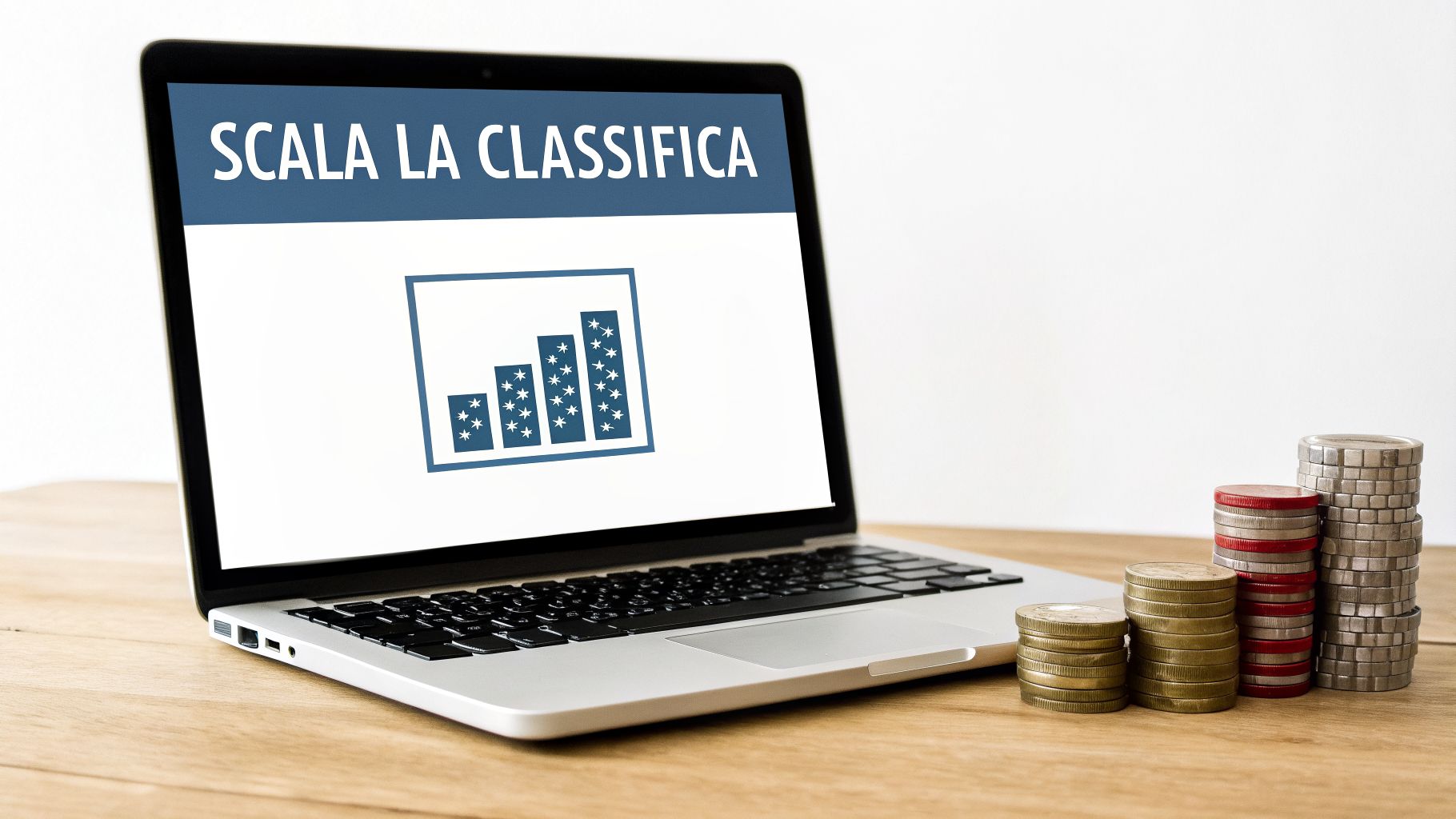 Un laptop con 'SCALA LA CLASSIFICA' e un grafico, con pile di monete che crescono, simboleggiando progresso e successo.
