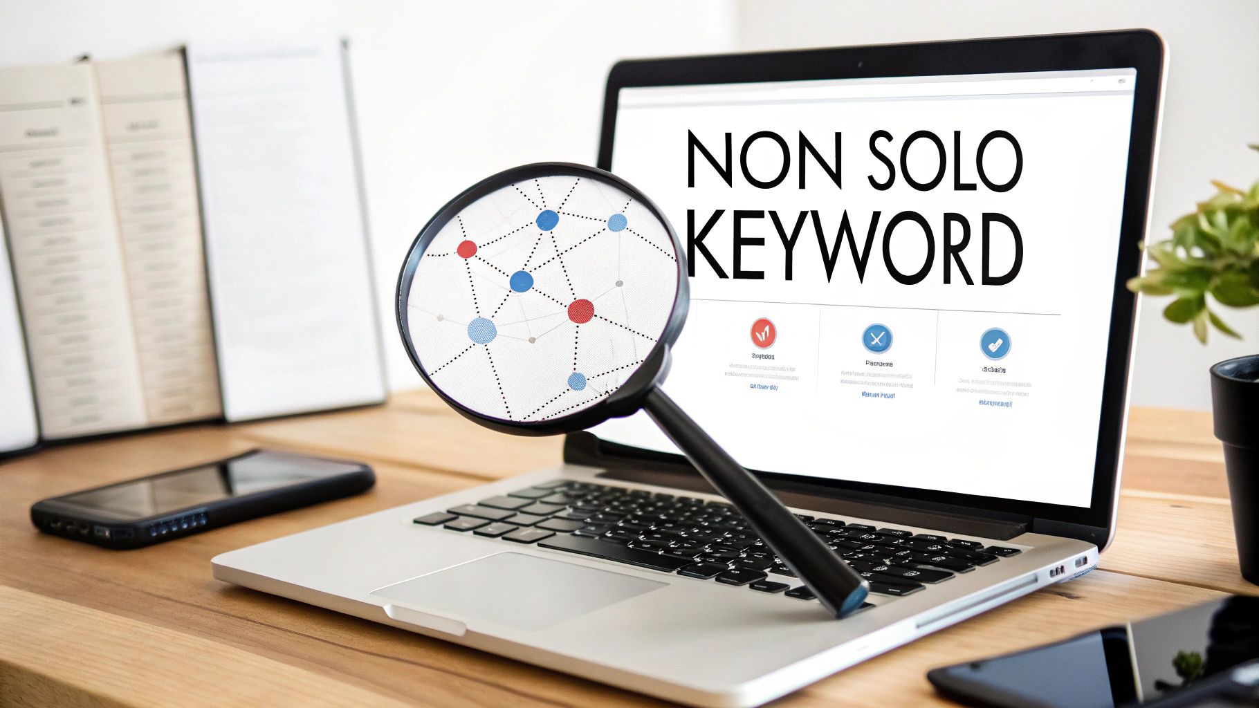 Un laptop su una scrivania mostra 'NON SOLO KEYWORD' con lente d'ingrandimento su un grafico di rete, suggerendo analisi SEO.
