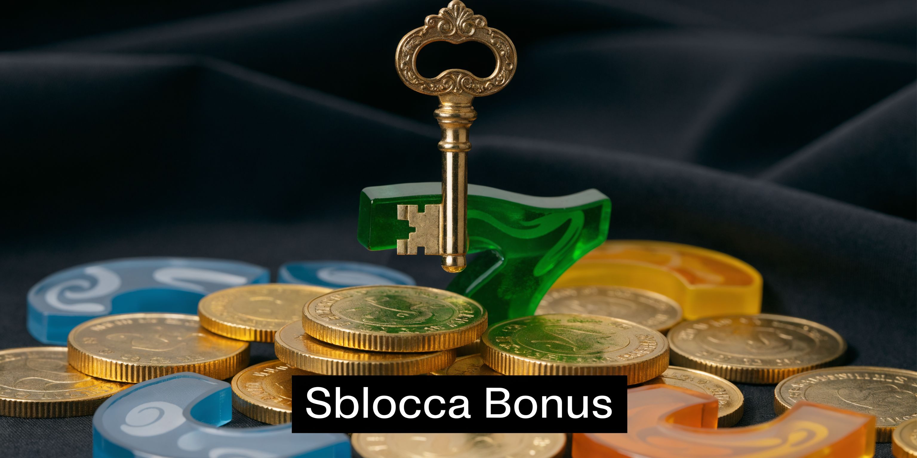 Una chiave dorata appoggiata su monete d'oro e simboli colorati con la scritta Sblocca Bonus in primo piano.