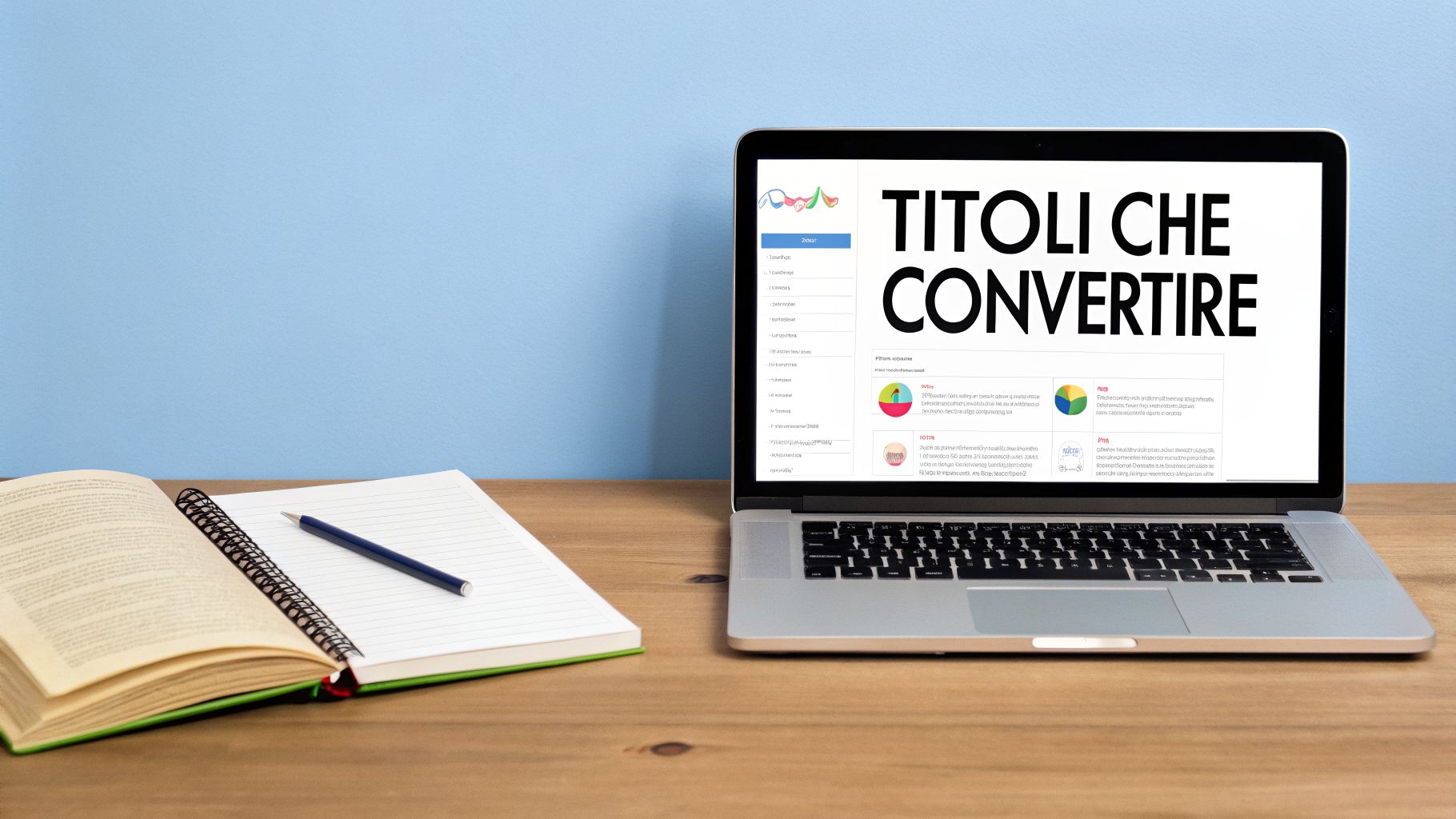 Un laptop mostra 'Titoli che Convertire' con grafici, un quaderno e penna su scrivania.