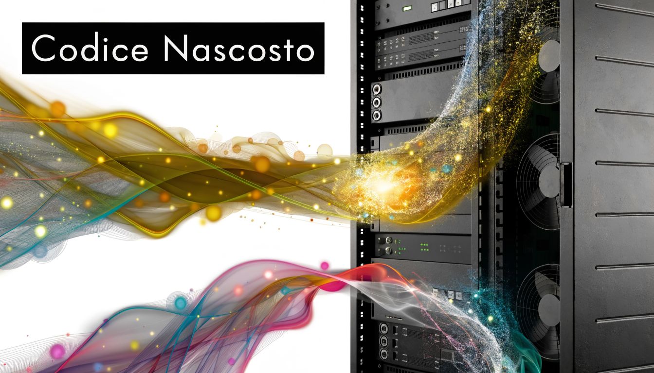 Un server rack con flussi di energia digitale astratti e il testo Codice Nascosto in sovrimpressione.
