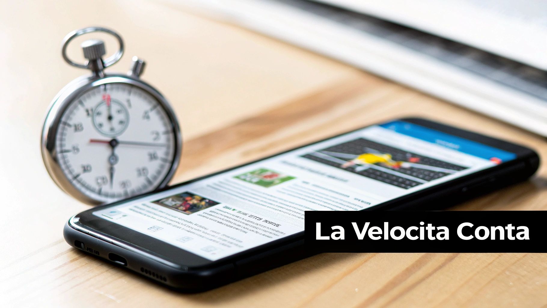 Un cronometro e uno smartphone su un tavolo di legno, con il testo 'La Velocità Conta'.