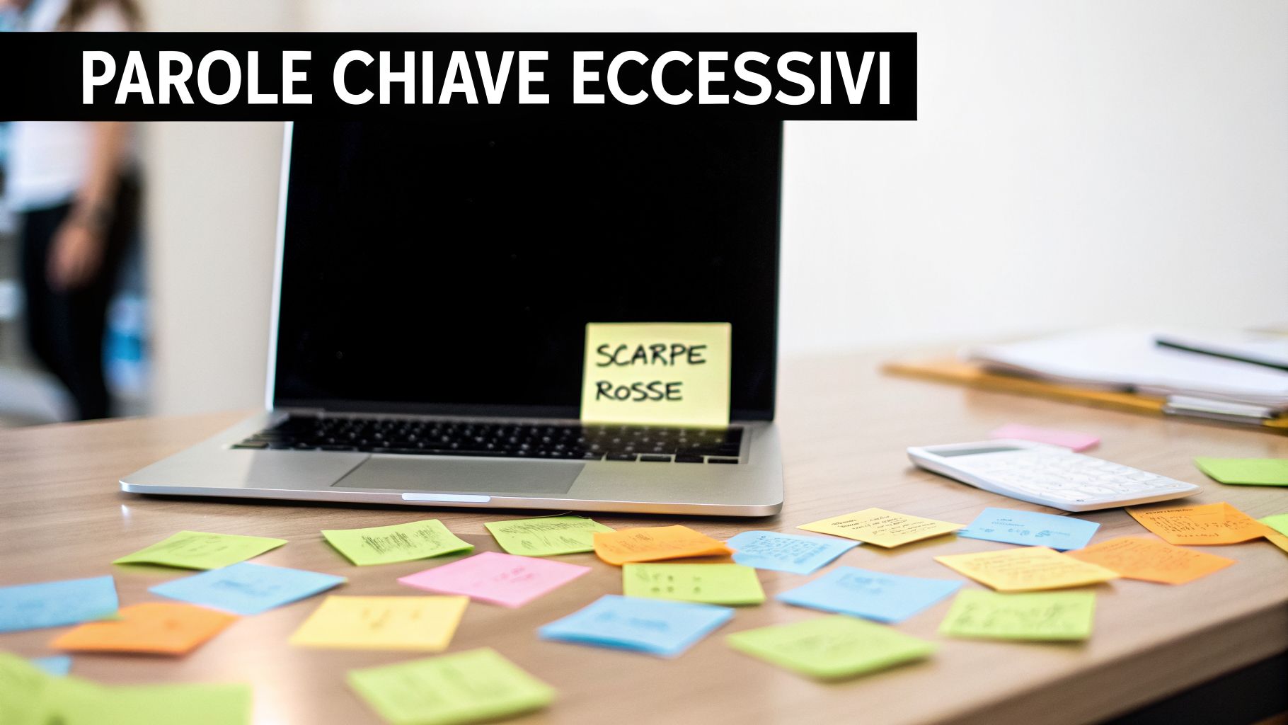 Scrivania disordinata con laptop, calcolatrice e molti post-it colorati, che simboleggia l'eccesso di parole chiave.