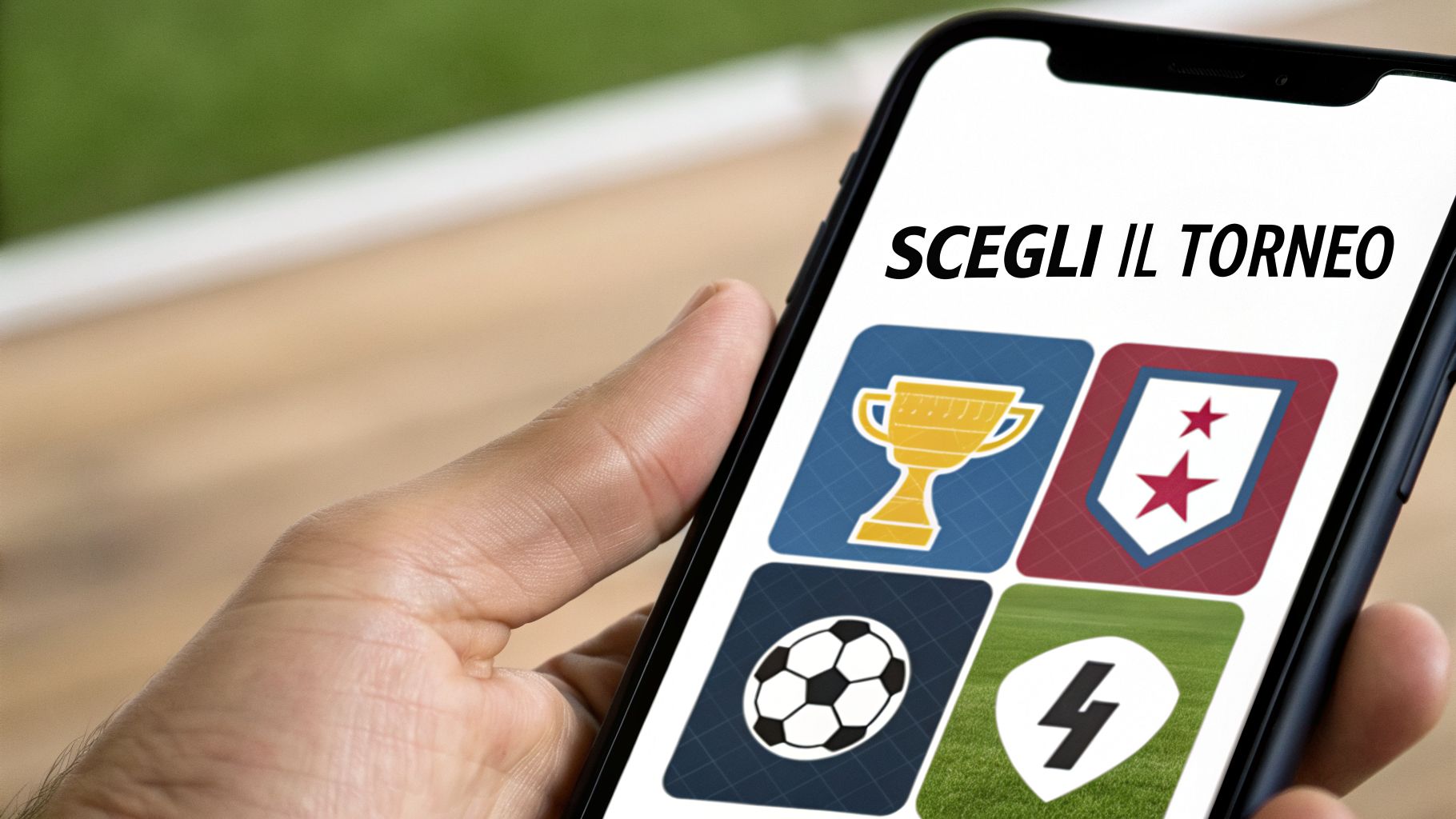 Mano che tiene uno smartphone con un'app che mostra l'opzione 'Scegli il torneo' e icone sportive.
