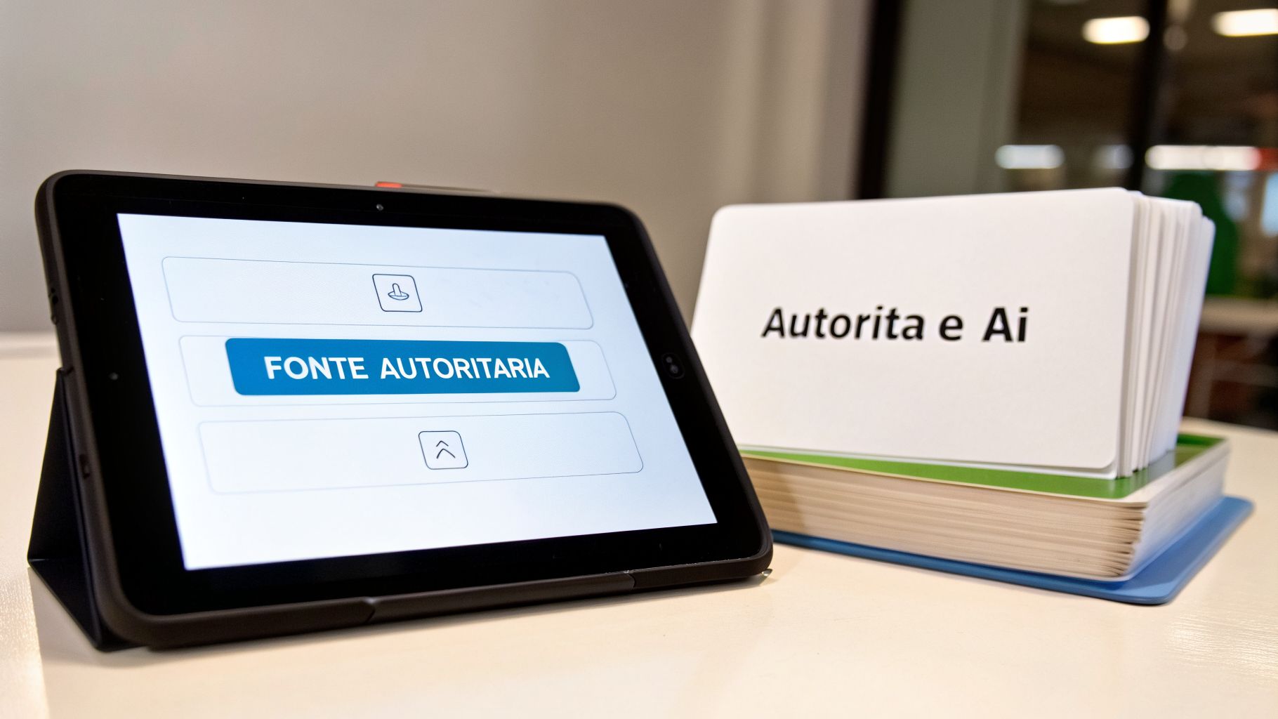 Un tablet nero mostra il pulsante blu "FONTE AUTORITARIA" affiancato da carte con "Autorita e Ai" e libri sottostanti.
