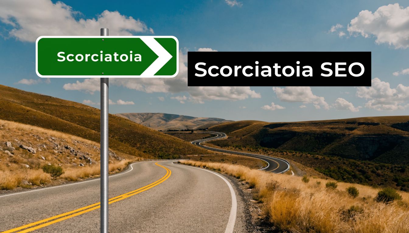 Un cartello stradale verde con la scritta Scorciatoia punta verso una strada tortuosa in un paesaggio collinare