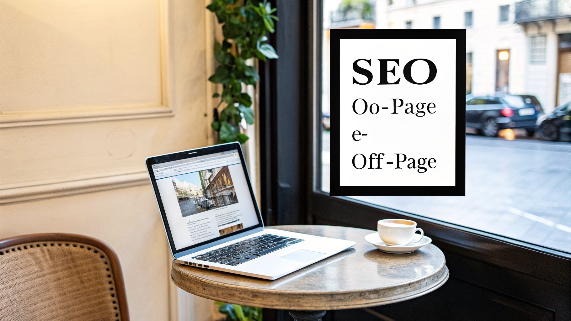 Laptop su tavolo con caffè, vicino a finestra e cartello SEO on-page e off-page.