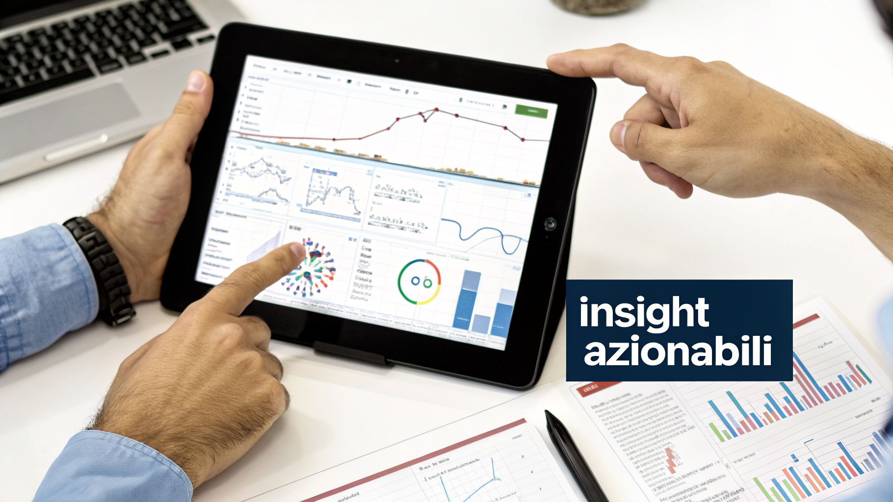 Due persone esaminano attentamente dati e grafici su un tablet e documenti stampati, concentrandosi su insight azionabili.