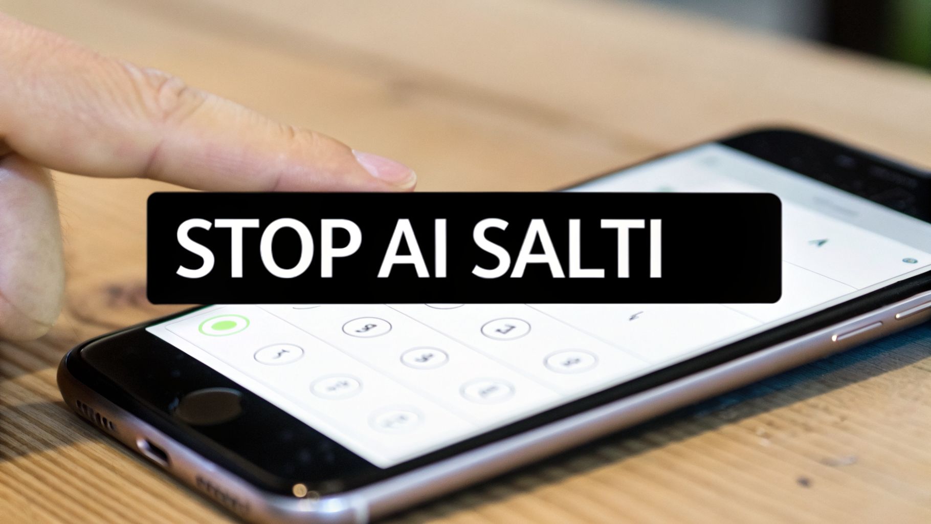 Una mano punta un cartello nero con la scritta bianca 'STOP AI SALTI' sopra uno smartphone con tastiera numerica.
