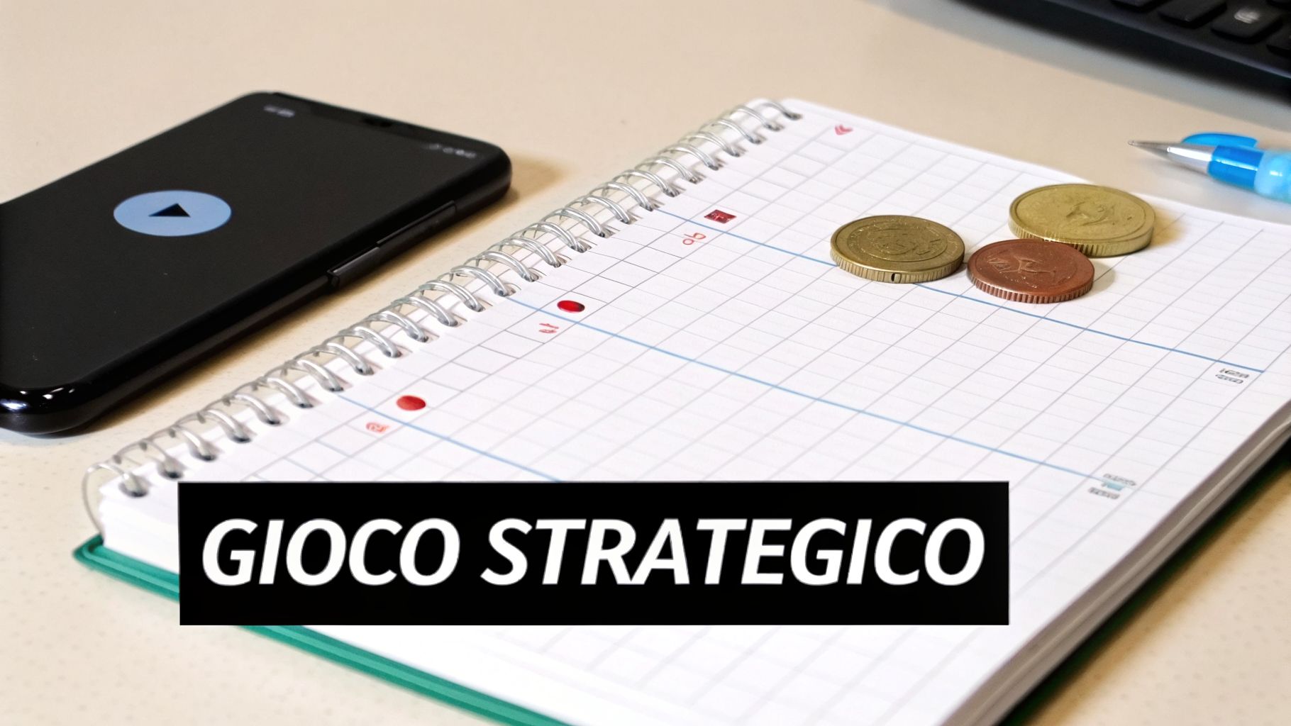 Smartphone, quaderno a spirale, monete e penna su un tavolo, con la scritta 'Gioco Strategico'.