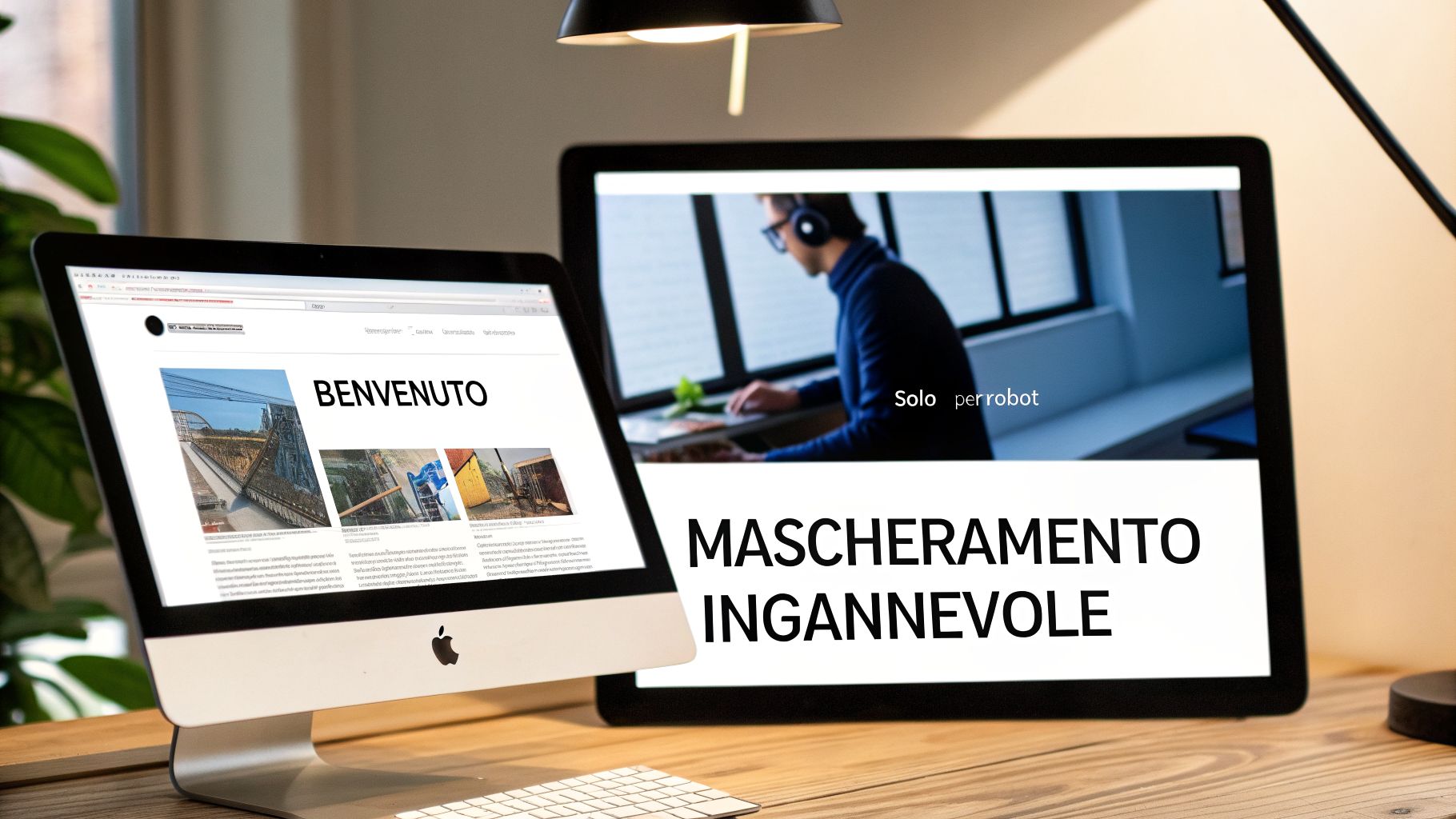 Due schermi di computer su una scrivania, uno mostra una pagina web con “BENVENUTO”, l'altro “MASCHERAMENTO INGANNEVOLE” e una persona che lavora.