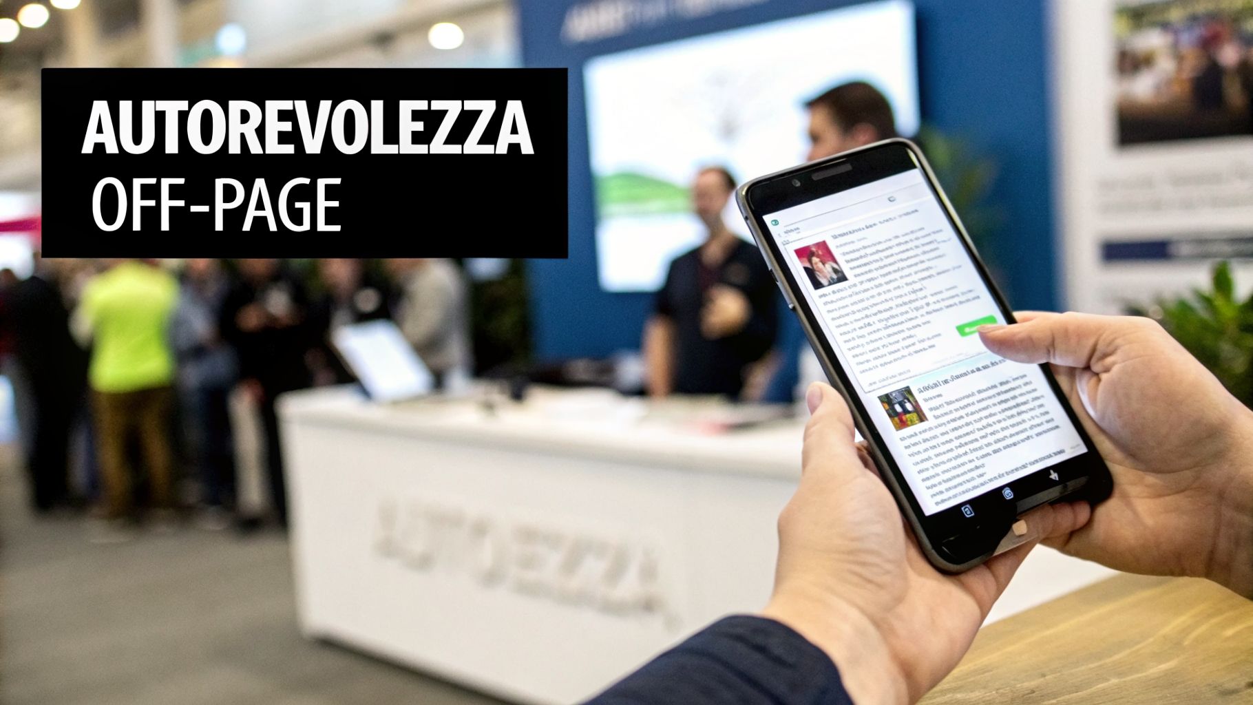 Persona che tiene uno smartphone con contenuto SEO e testo 'AUTOREVOLEZZA OFF-PAGE' in evidenza.