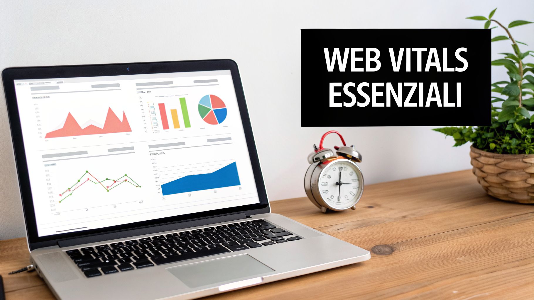 Un laptop su una scrivania in legno mostra grafici di performance web con un testo che recita 'WEB VITALS ESSENZIALI', un orologio e una pianta.
