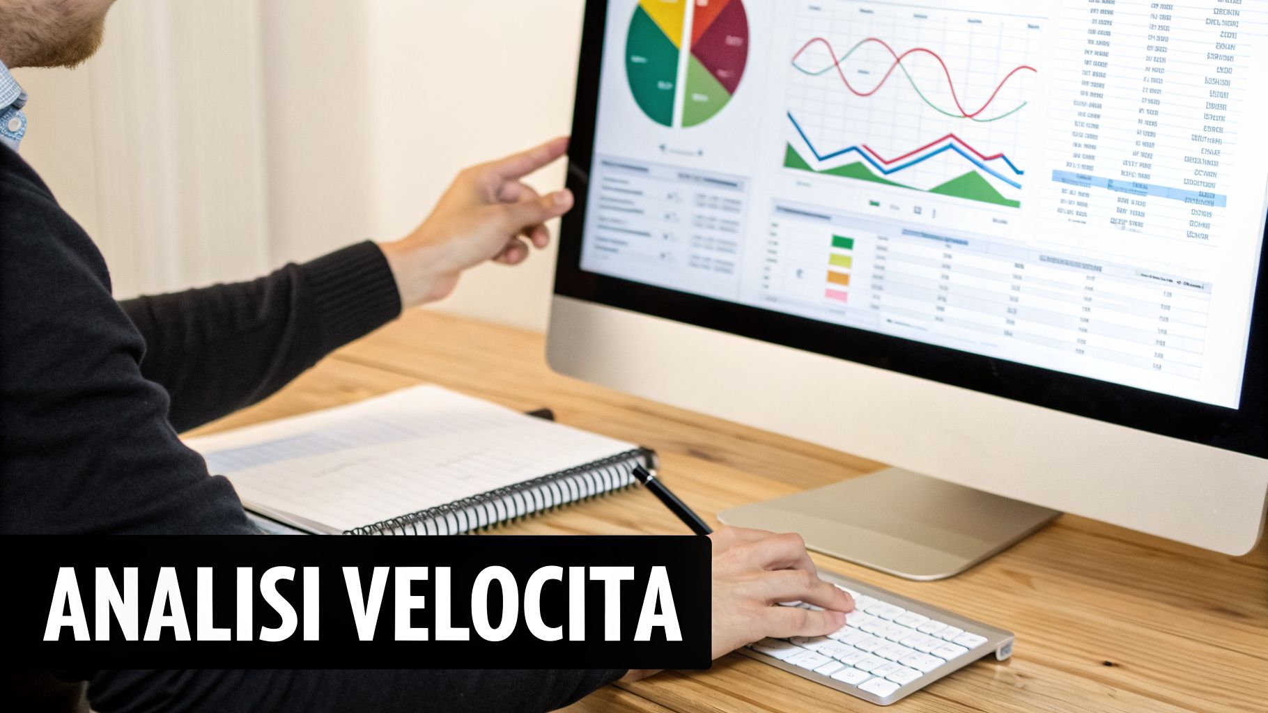 Persona che analizza dati di velocità e performance su un computer, con grafici e tabelle in evidenza.