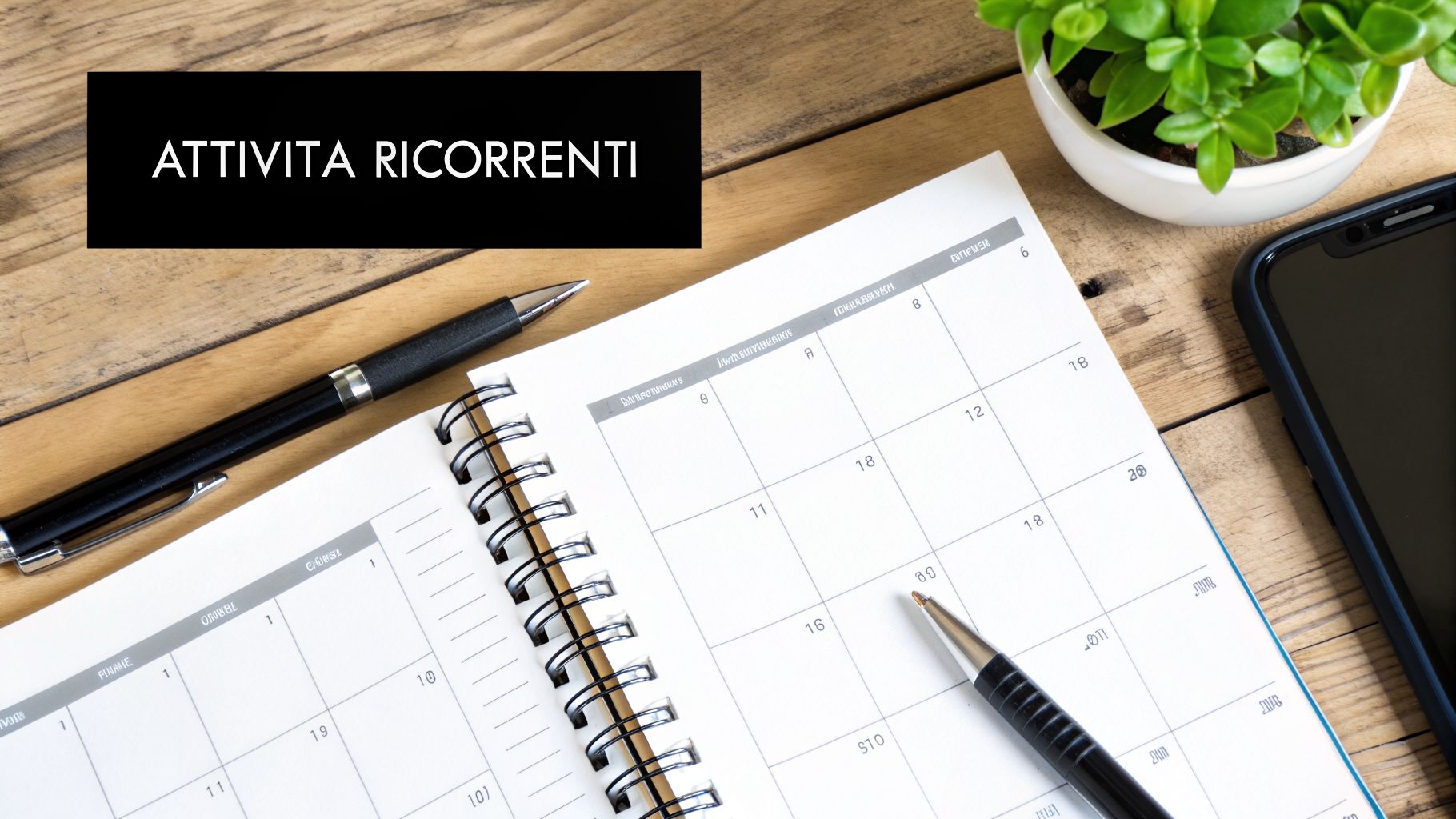 Agenda aperta con penna, smartphone e pianta su tavolo di legno, con testo "ATTIVITA RICORRENTI".