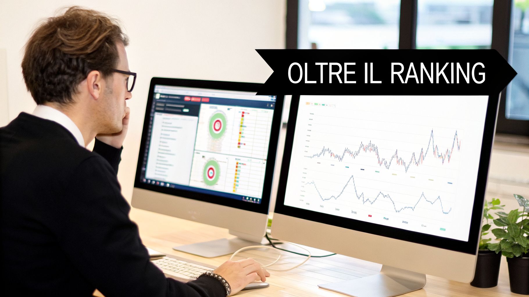 Uomo al computer che analizza dati e grafici su due monitor, con testo 'OLTRE IL RANKING'.