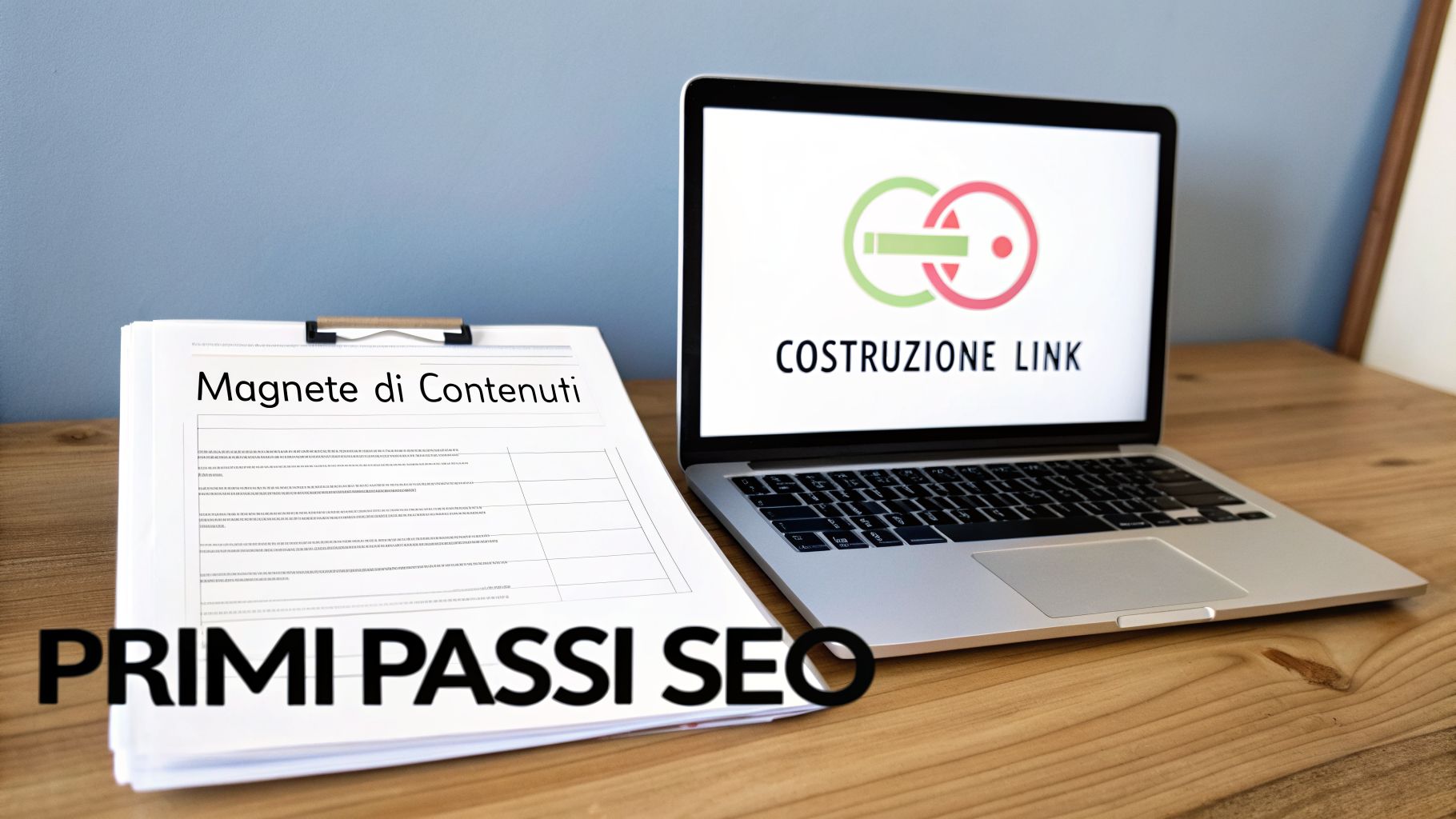 Documenti su 'Magnete di Contenuti' e laptop con 'COSTRUZIONE LINK' illustrano i primi passi SEO.