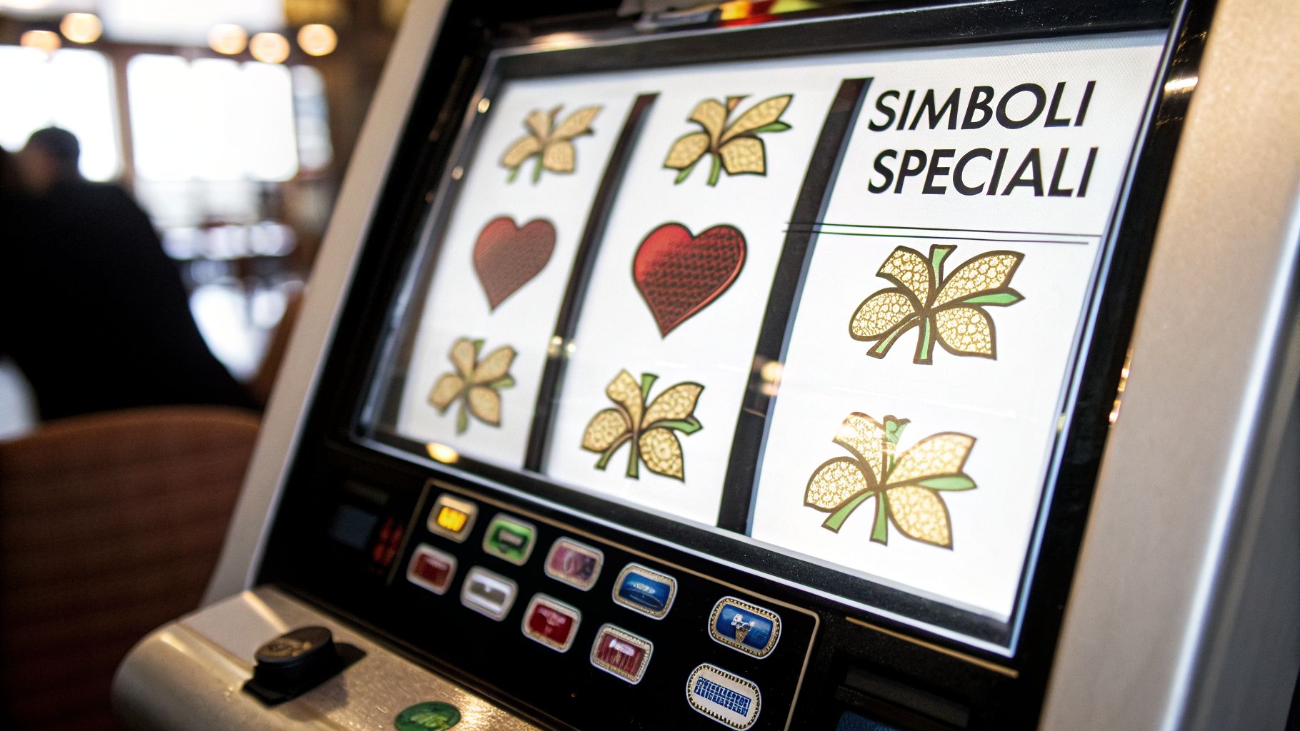 Primo piano di una slot machine con simboli di cuori, quadrifogli e la scritta "SIMBOLI SPECIALI" sul display.