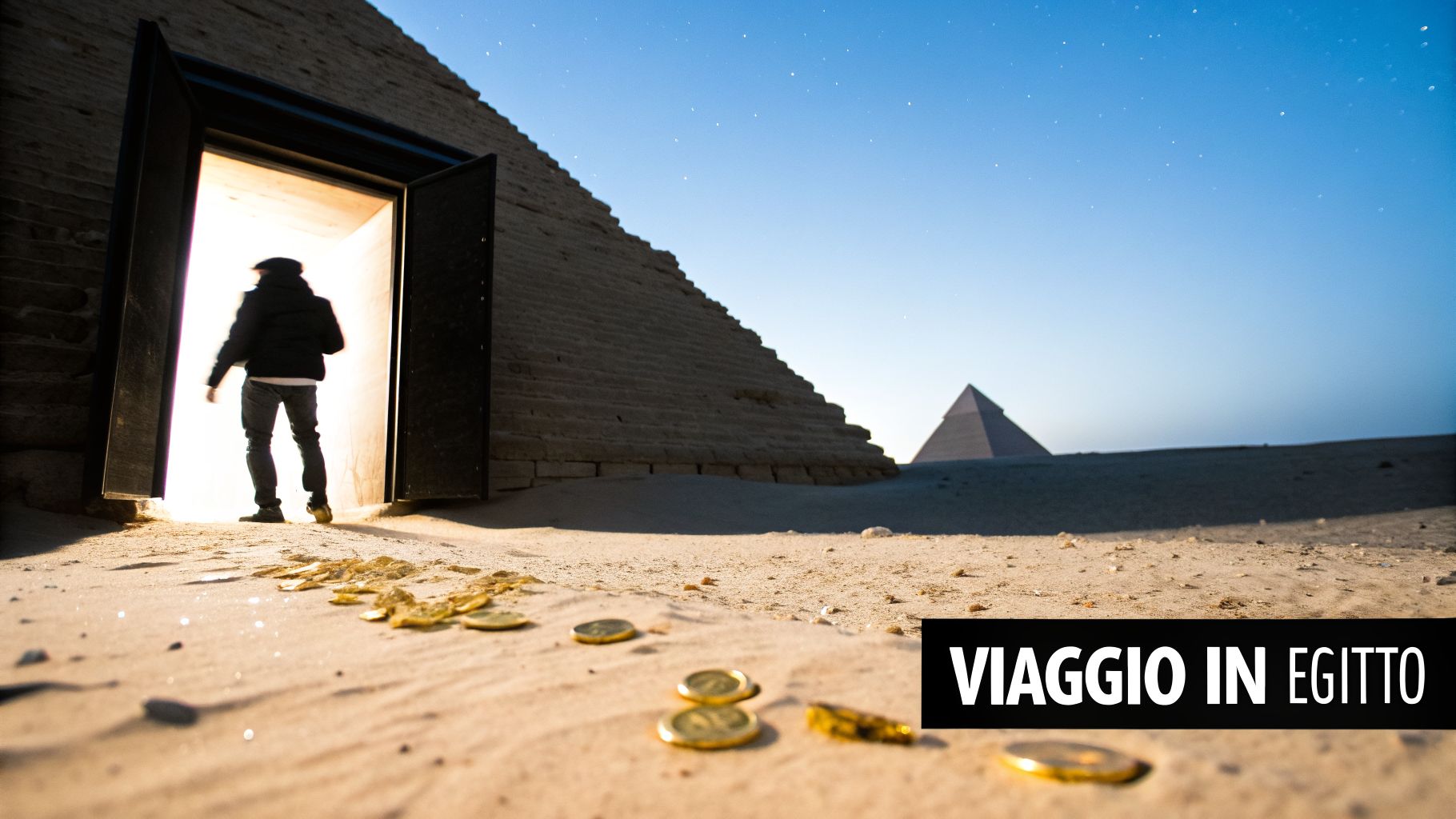 Una persona emerge da una porta luminosa di una piramide egiziana, con monete d'oro sulla sabbia. Sfondo: 'VIAGGIO IN EGITTO'.