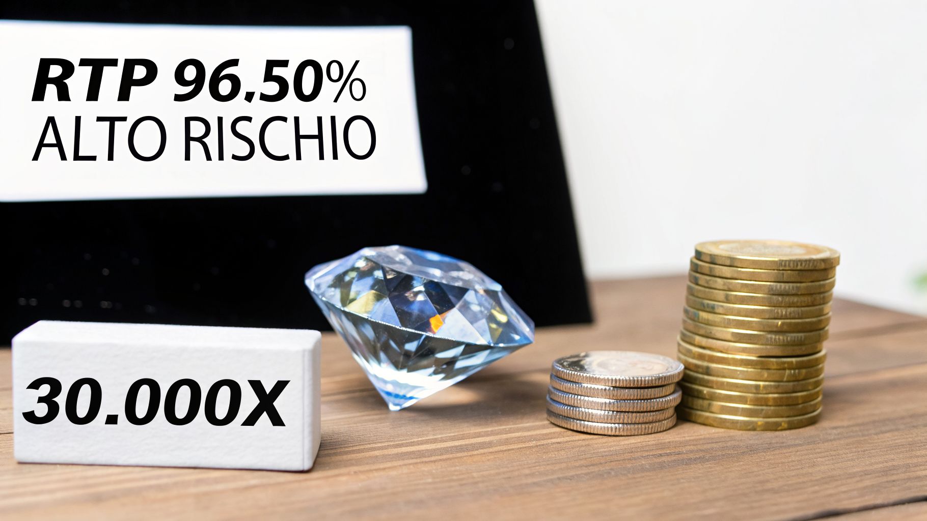 Immagine con testo RTP 96.50% Alto Rischio e 30.000X, con diamante e monete.