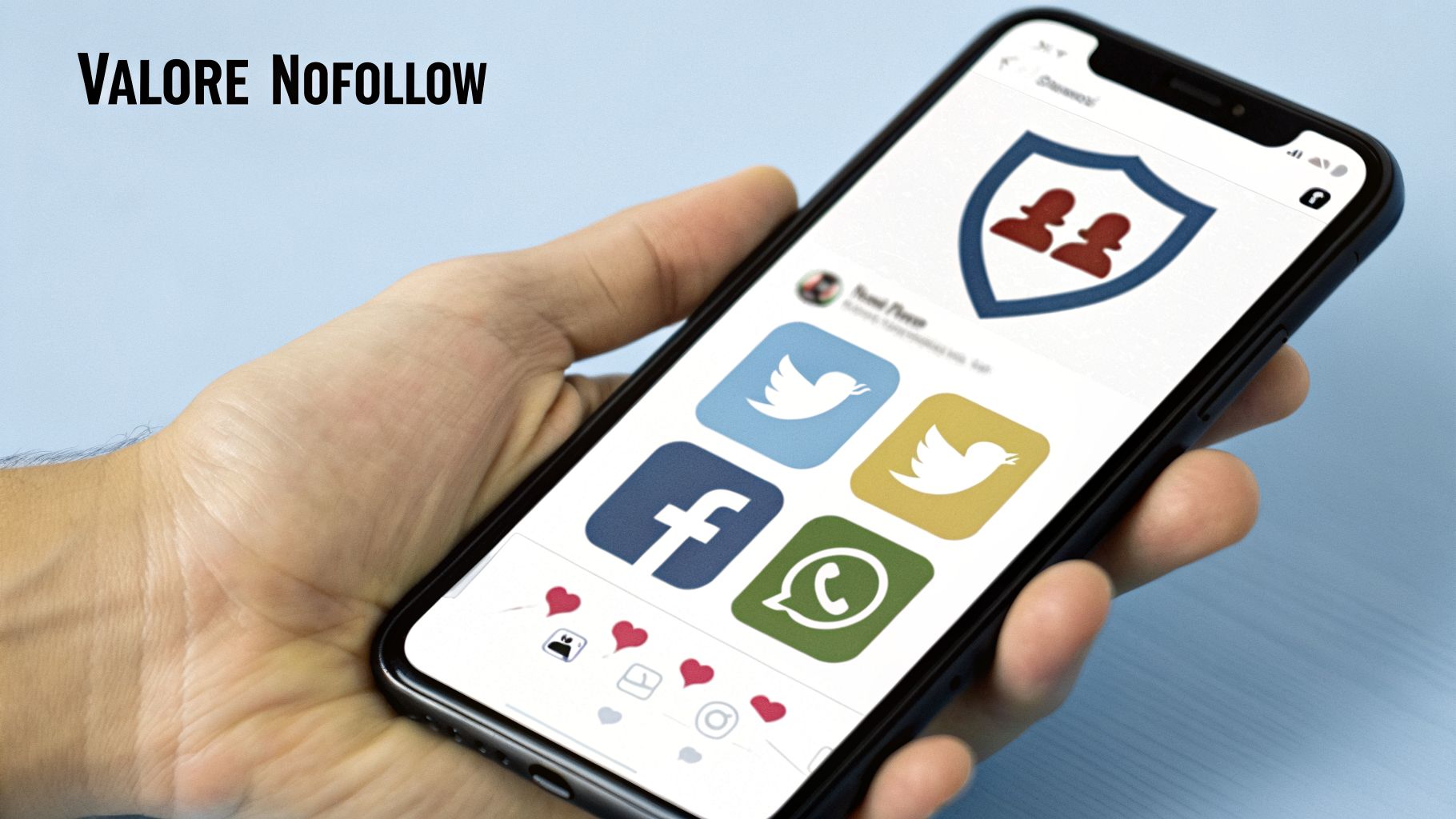 Smartphone con icone social media (Twitter, Facebook, WhatsApp) e il testo 'VALORE NOFOLLOW' in primo piano.