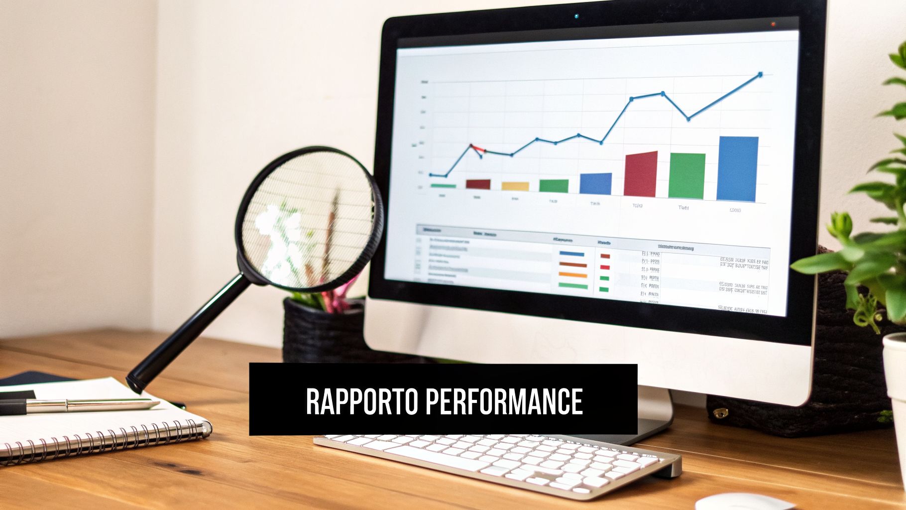 Schermo di computer con grafico di performance e dati, affiancato da lente d'ingrandimento su scrivania in legno.