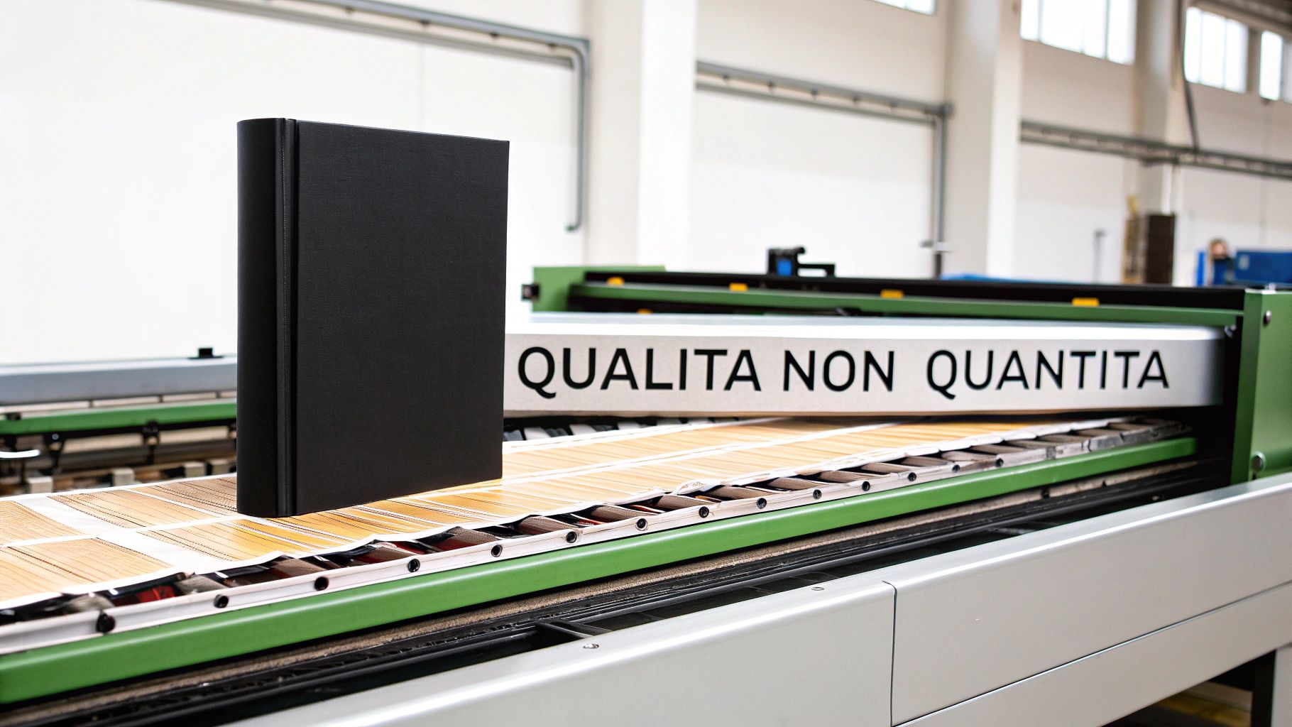 Un libro nero su un nastro trasportatore in un impianto di stampa, con la scritta 'QUALITÀ NON QUANTITÀ' sullo sfondo.