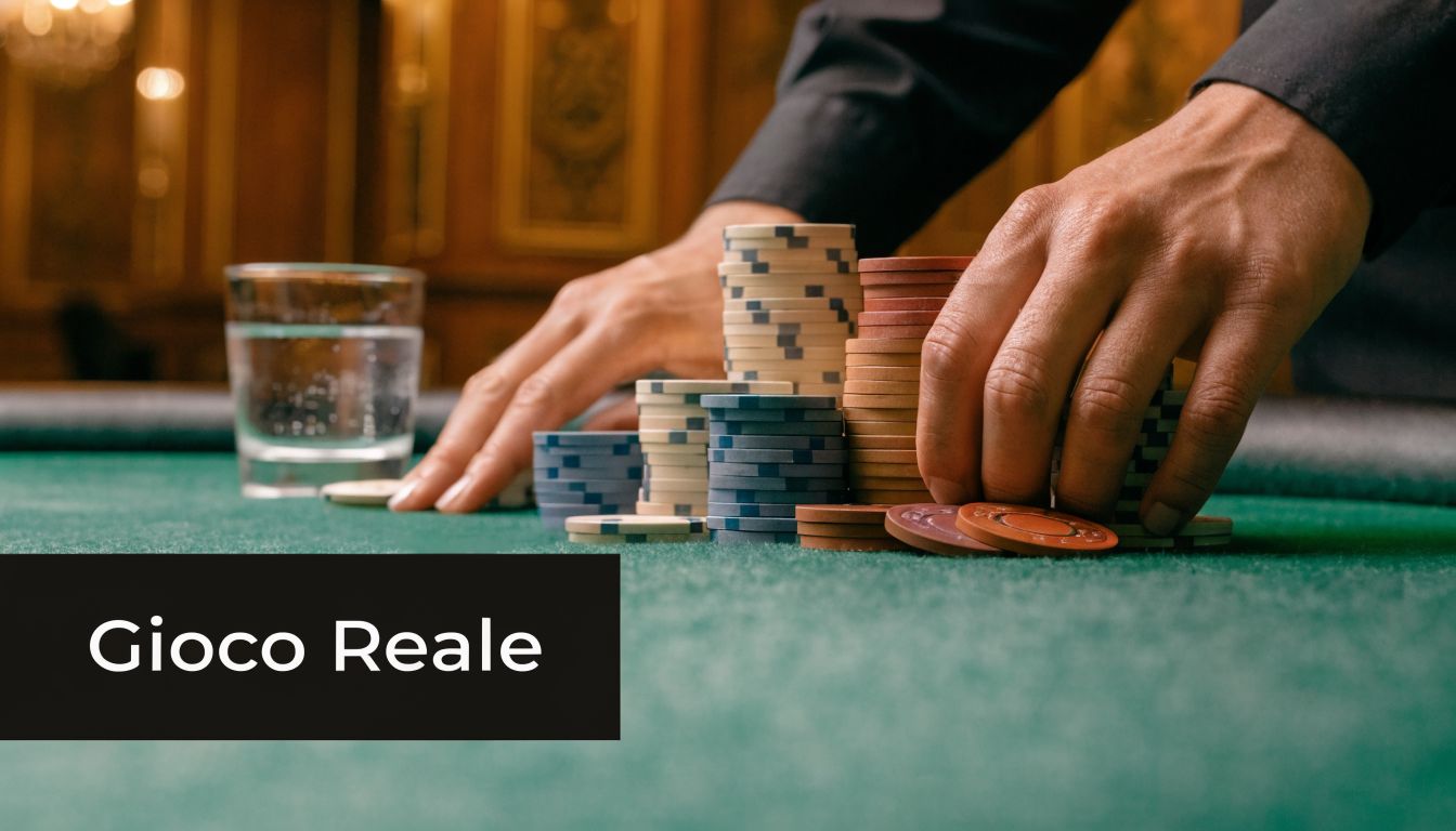 Mani di un croupier che distribuiscono fiches da casinò su un tavolo da gioco verde con bicchiere