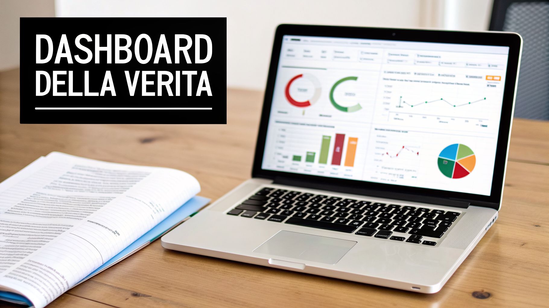 Laptop su tavolo di legno con dashboard e grafici, affiancato da un quaderno aperto.