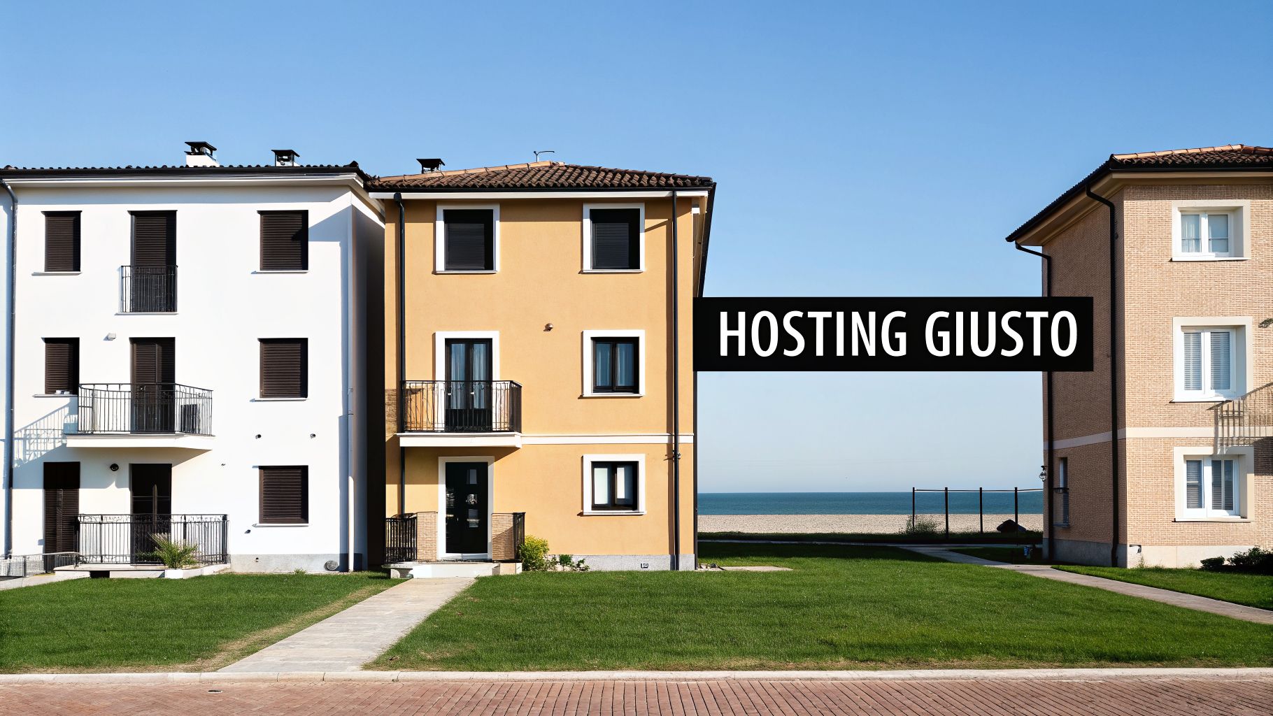Edifici residenziali moderni con balconi e prati verdi, affacciati sul mare, con banner 'HOSTING GIUSTO'.