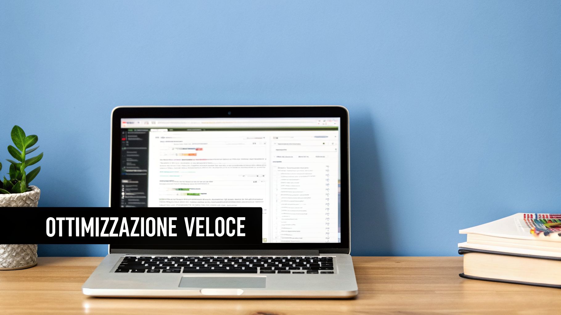 Uno spazio di lavoro moderno con un laptop, una pianta e libri, con la scritta "OTTIMIZZAZIONE VELOCE" in evidenza.