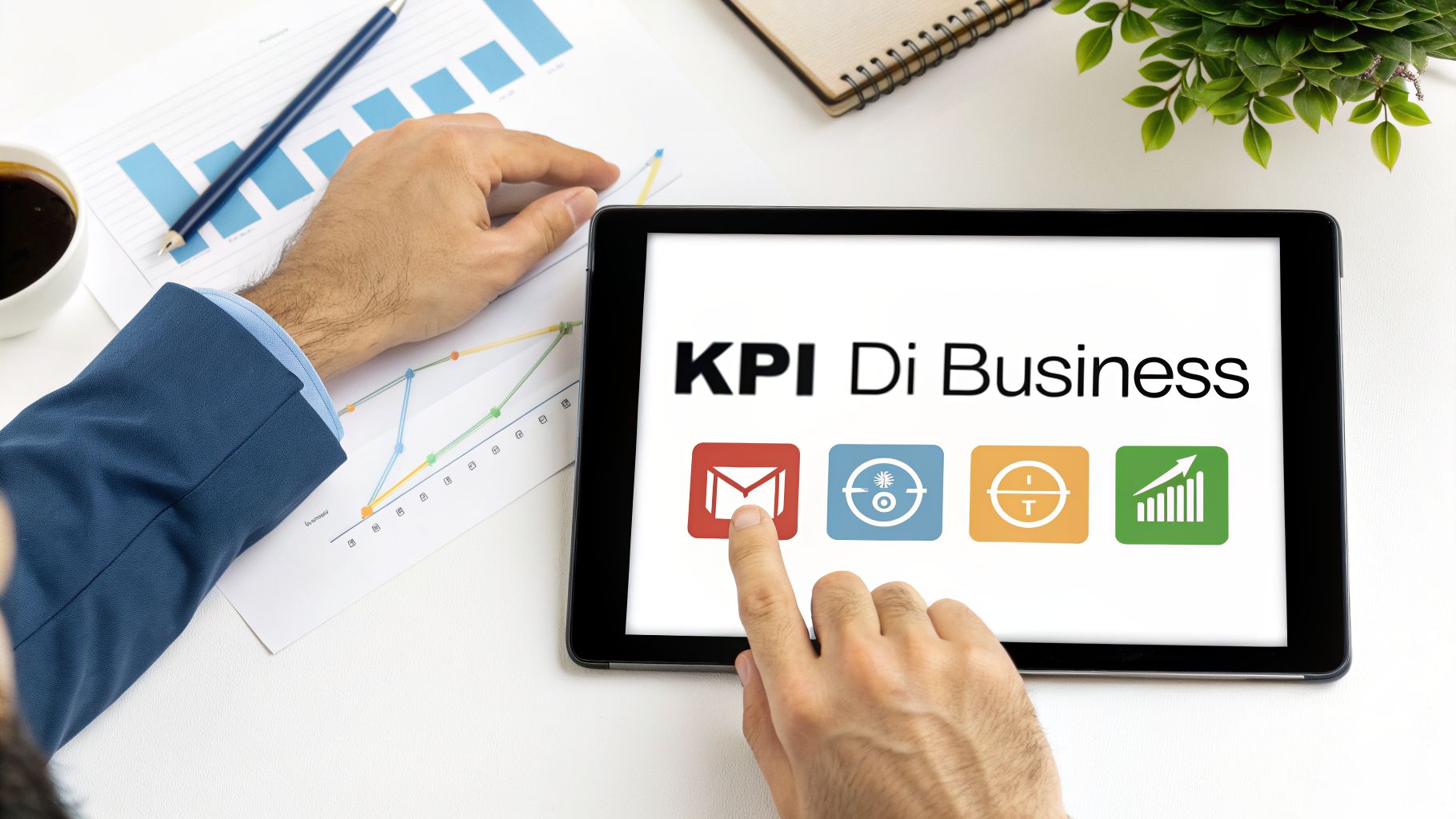 Mani di un uomo d'affari che interagiscono con un tablet che mostra KPI Di Business e icone di dati su una scrivania bianca.