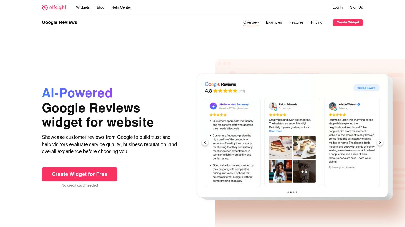 Interfaccia del costruttore di widget di Elfsight che mostra le opzioni di layout per le recensioni di Google.