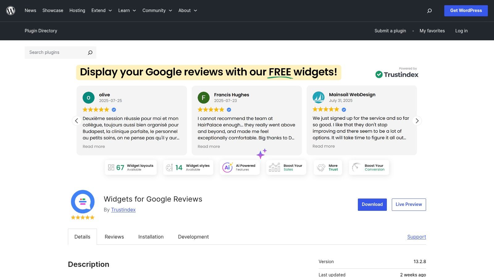 Interfaccia di Widgets for Google Reviews che mostra le opzioni di layout per i widget.