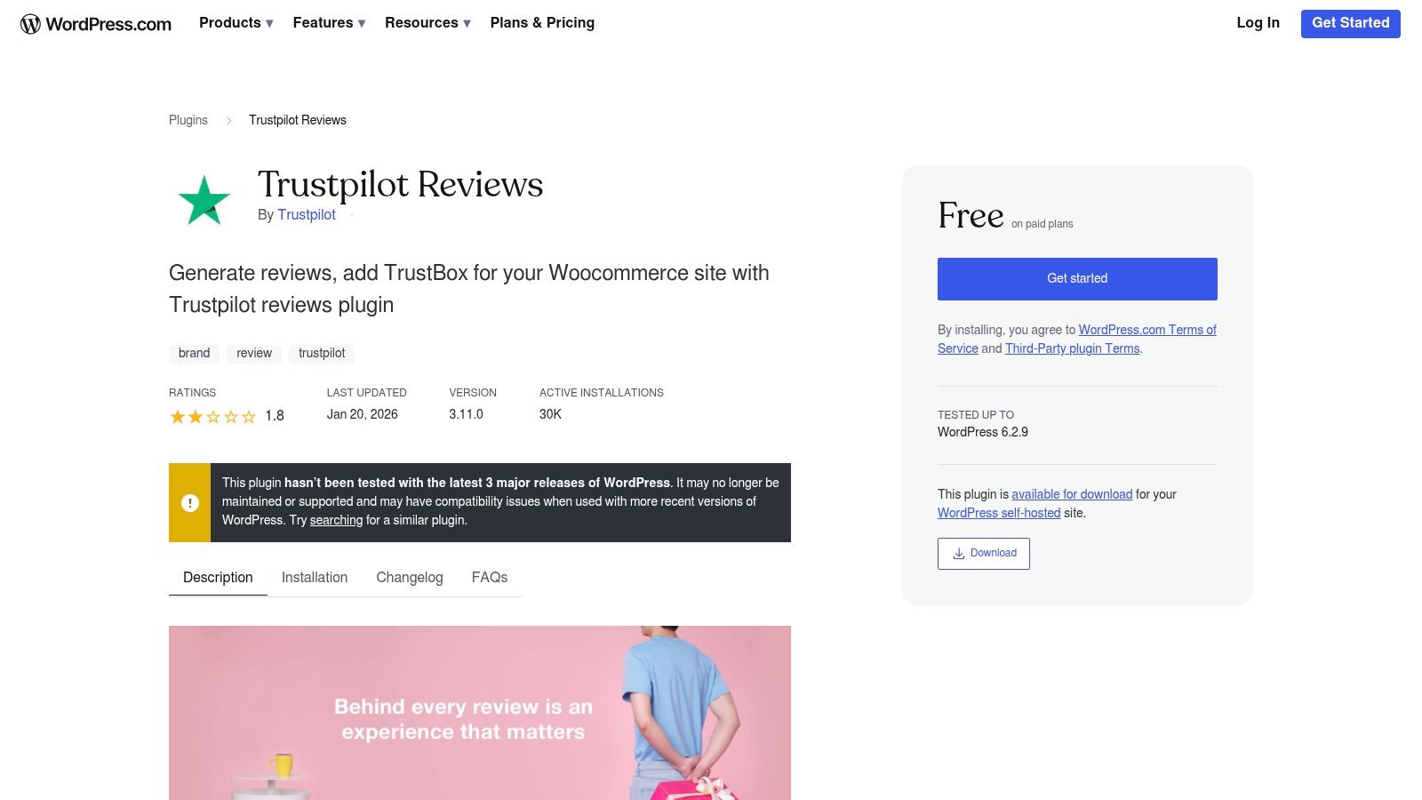 Widget TrustBox di Trustpilot mostrato su un sito WordPress.